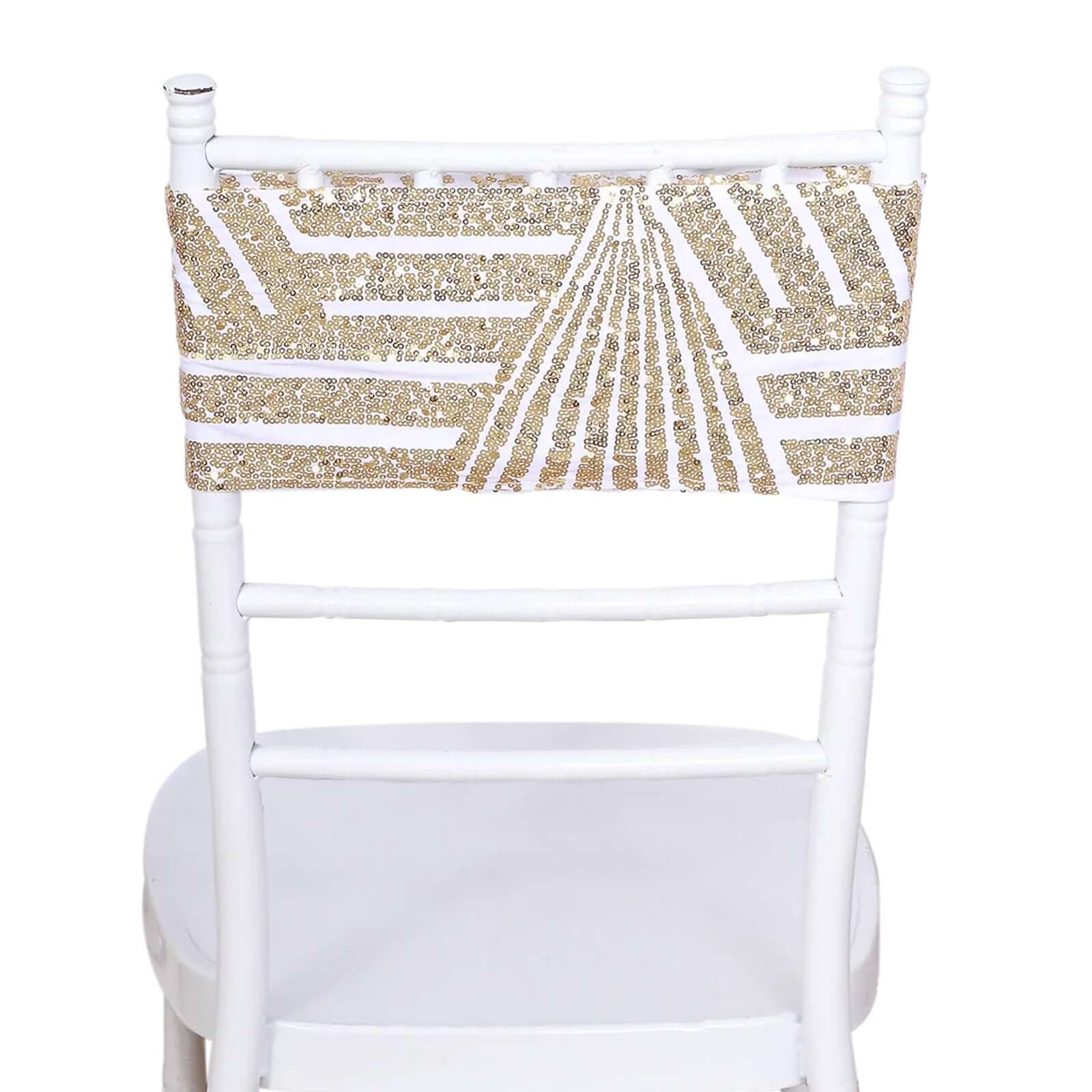 5 Pack Sequin Spandex Chair Sash White with Gold Geometric Diamond Glitz Pattern - Durable & Easy To Use Stretchable Chair Bands for High-End Gatherings