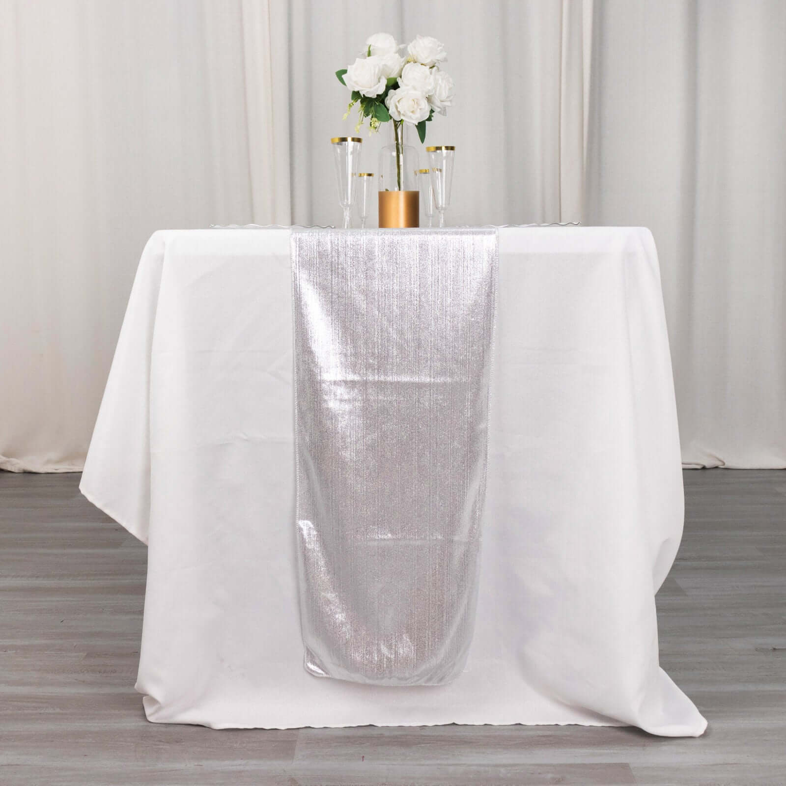 Polyester 12x108 Table Runner Silver Shimmer Sequin Dots - Wrinkle-Free Finish Table Linen