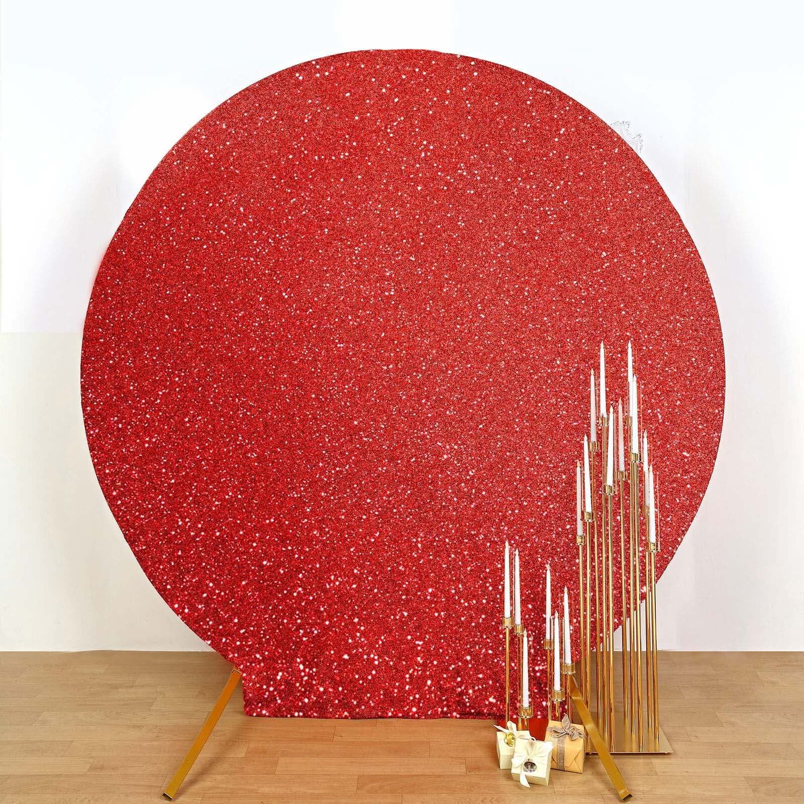 7.5ft Red Metallic Shimmer Tinsel Spandex Round Wedding Arch Cover, 2-Sided Photo Backdrop