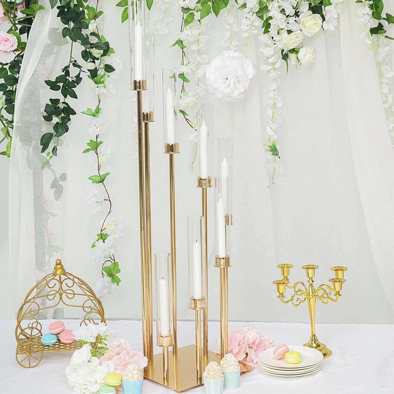 8 Arm Cluster Taper Candle Holder Gold - Stunning Large Candle Arragement With Clear Glass Shades for Grand Banquets & Celebrations 42