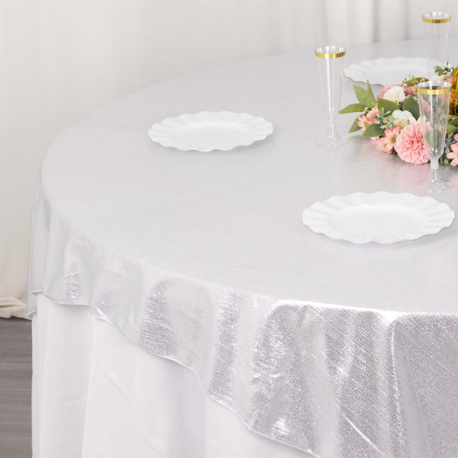 Polyester 72x72 Table Overlay Square Tablecloth Silver - Sequin Dots Wrinkle-Free Table Cover