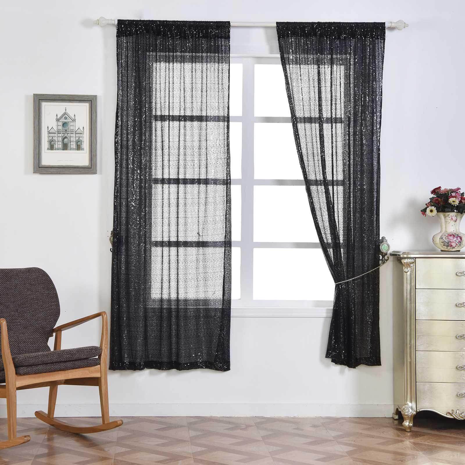 2 Pack Black Sequin Curtains With Rod Pocket Window Treatment Panels - 52x64