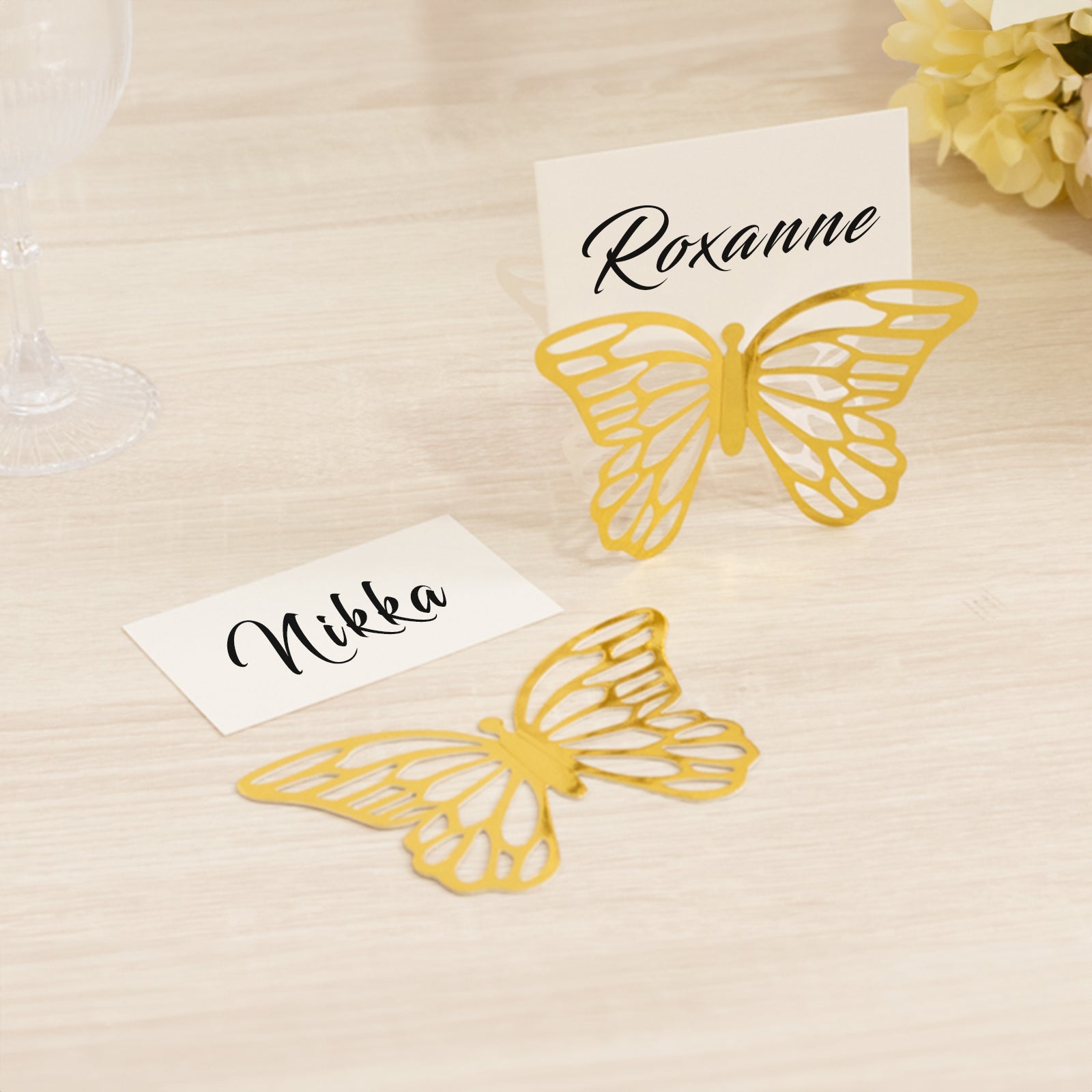 25-Pack Paper Butterfly Place Card Holders Gold with White Printable Cards - 3D Free Standing Table Number Stands 3x5