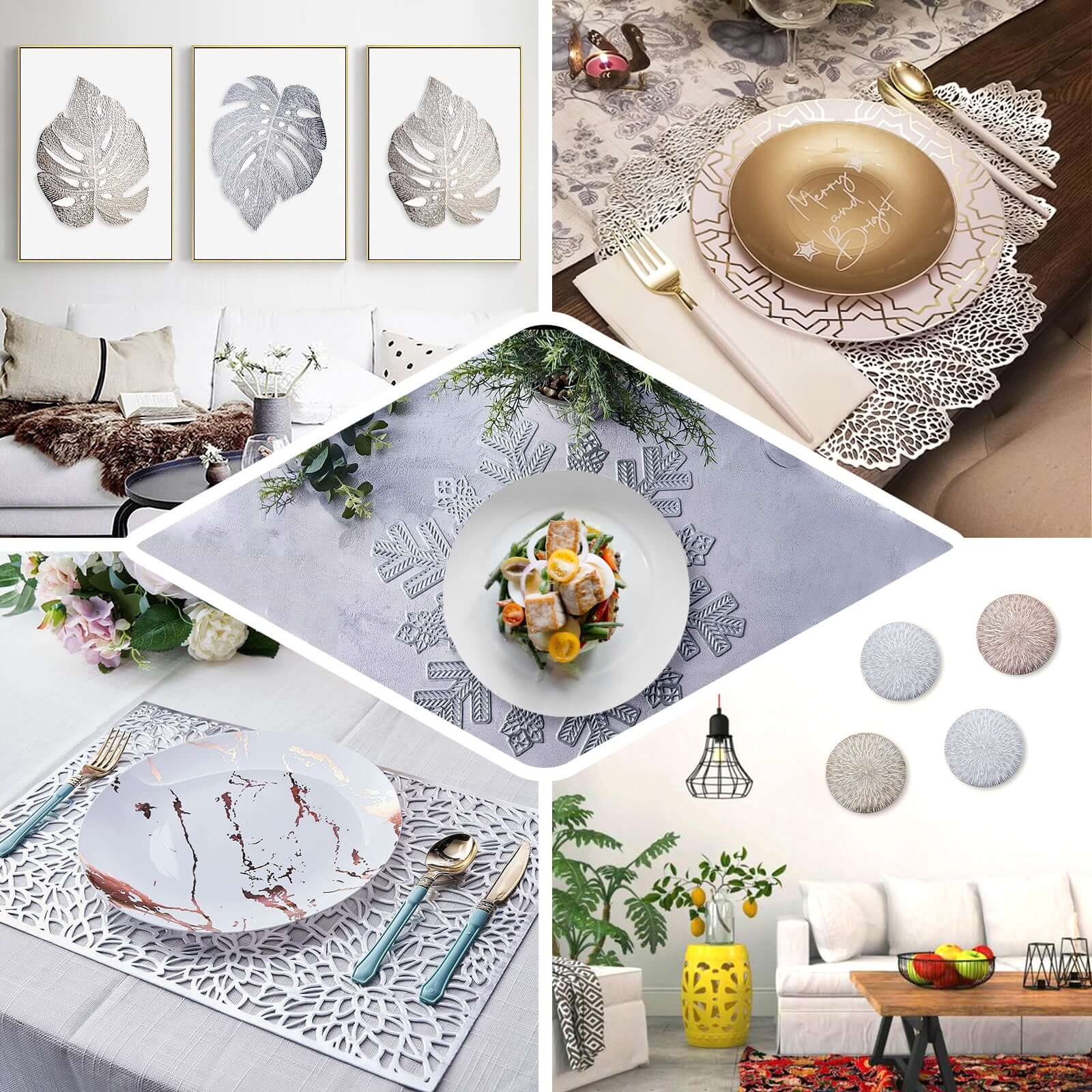 6-Pack Dining Table Mats Snowflake Design Silver - Vinyl Non-Slip Surface for Winter Decor 18