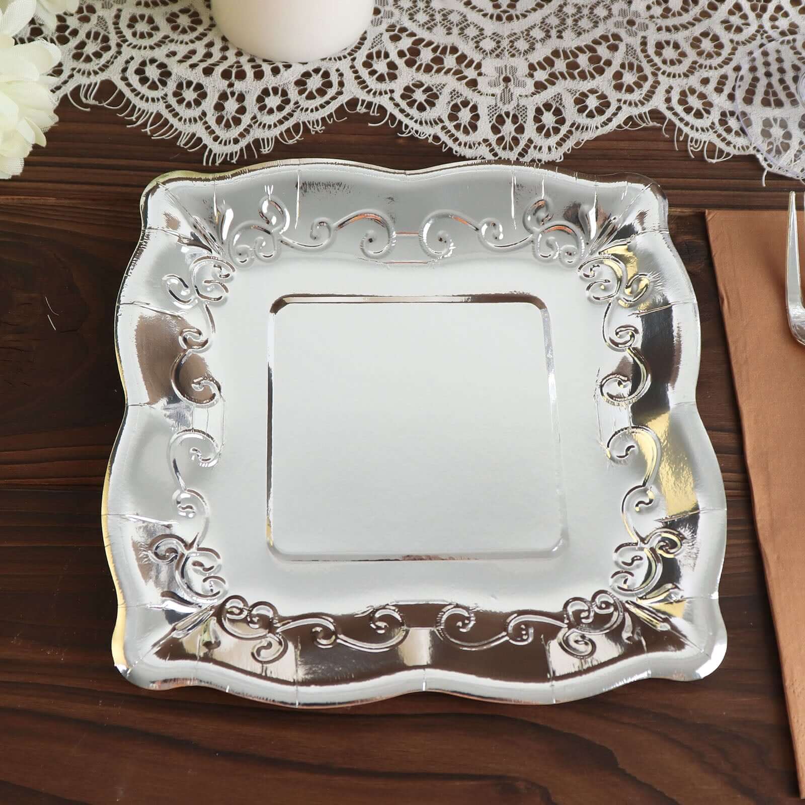 25-Pack Paper 7 Square Dessert Plates in Silver with Vintage Pottery Embossed Design - Shiny Metallic Disposable Appetizer Plates