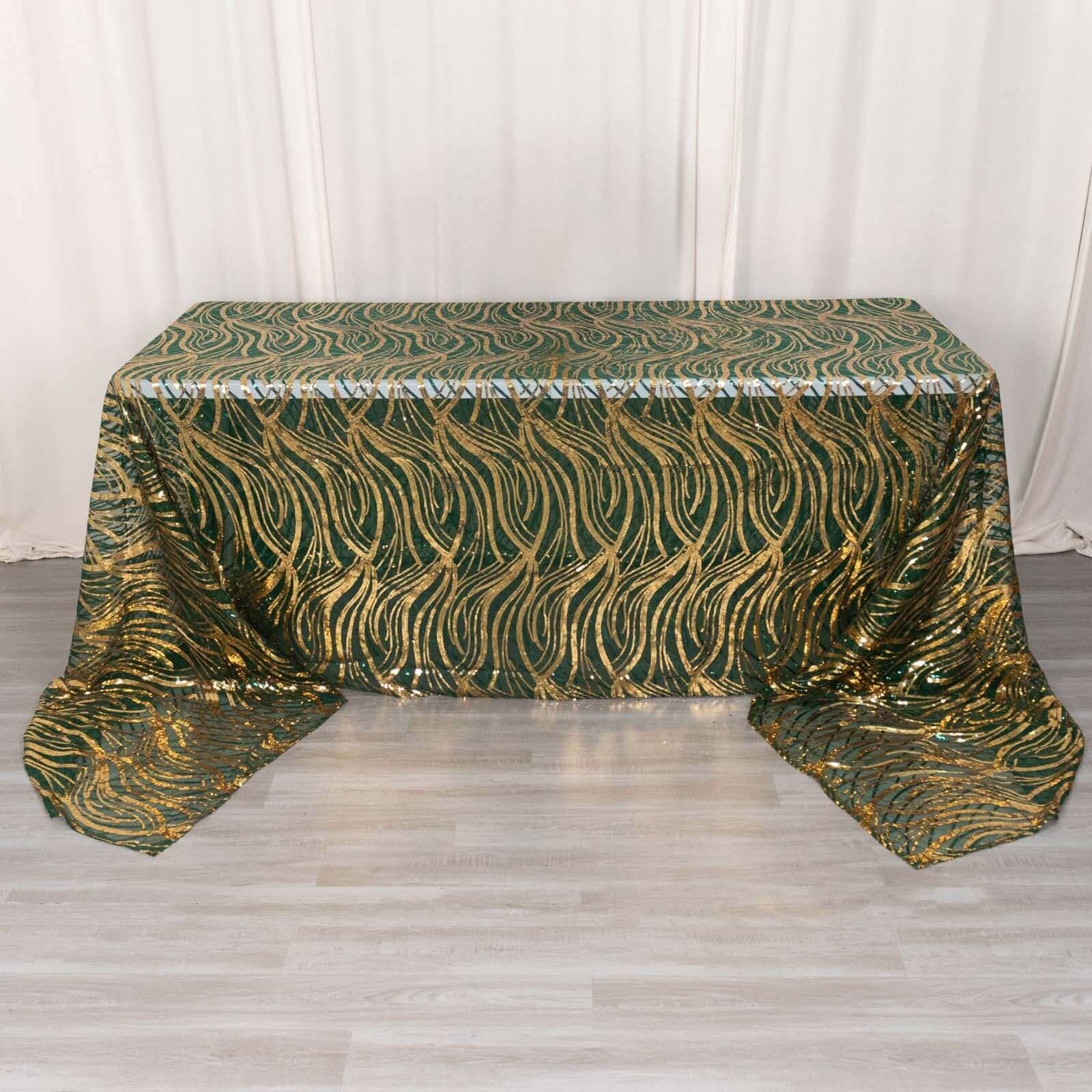 Mesh 90x156 Rectangle Tablecloth Hunter Emerald Green/Gold - Wave Sequin Embroidered Table Cover