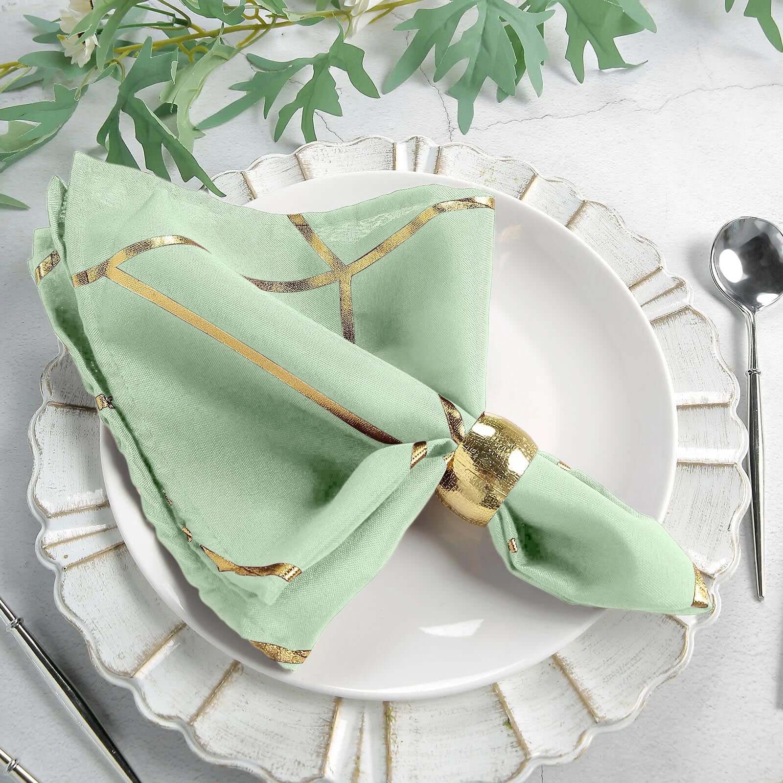 5 Pack Polyester 20x20 Napkins Sage Green with Gold Geometric Foil Pattern - Modern Reusable Dinner Napkins