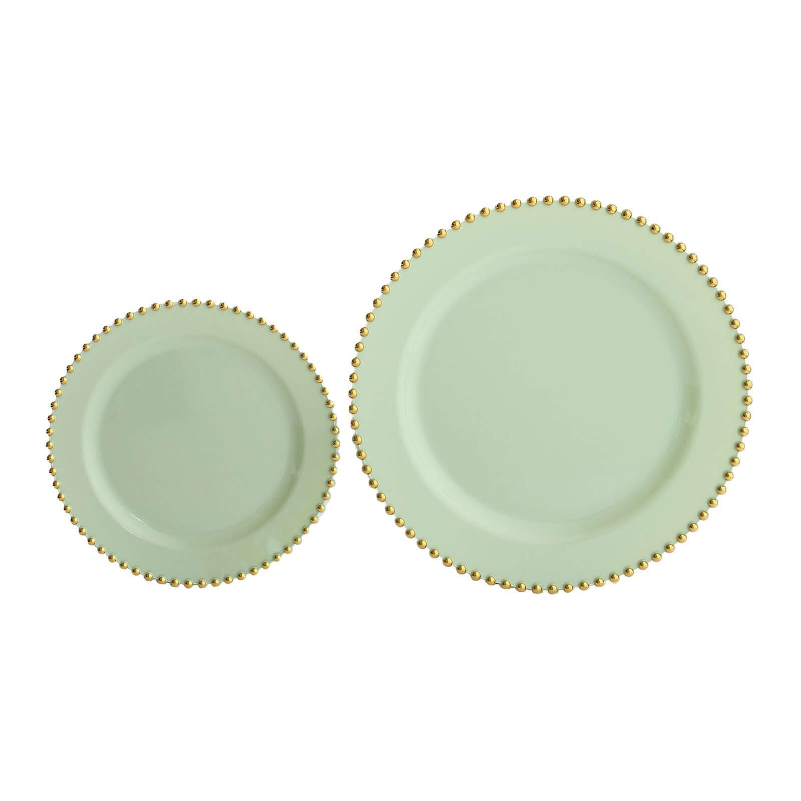 10-Pack Plastic 10 Round Dinner Plates in Sage Green with Gold Beaded Rim - Disposable Party Plates