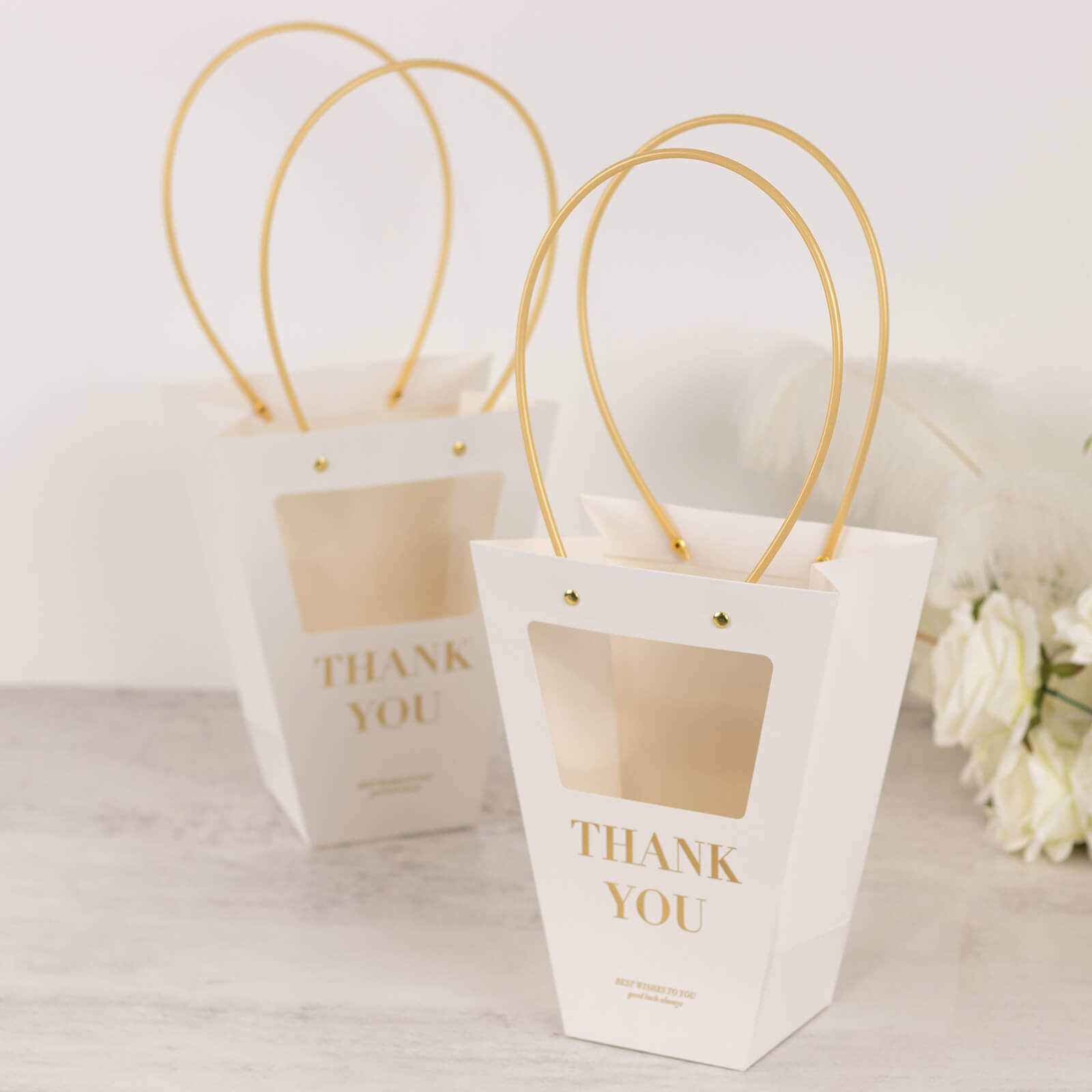 6 Pack Transparent White Paper Flower Gift Bags With Handles, Clear Window Thank You Party Favor Tote Bags in Trapezium Shape - 8x10