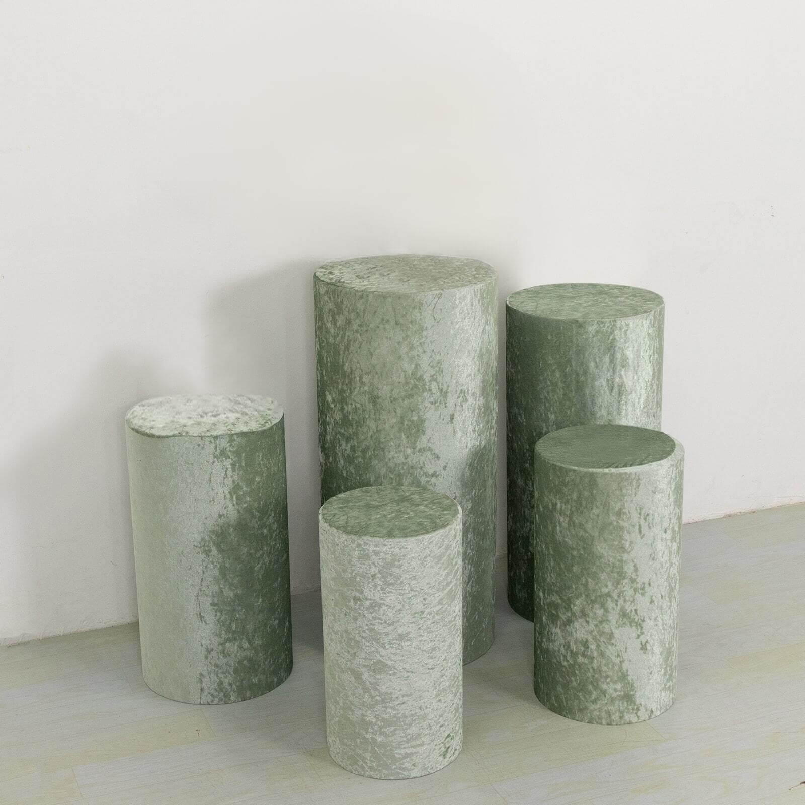 Set of 5 Sage Green Crushed Velvet Cylinder Pedestal Stand Covers, Premium Pillar Prop Covers