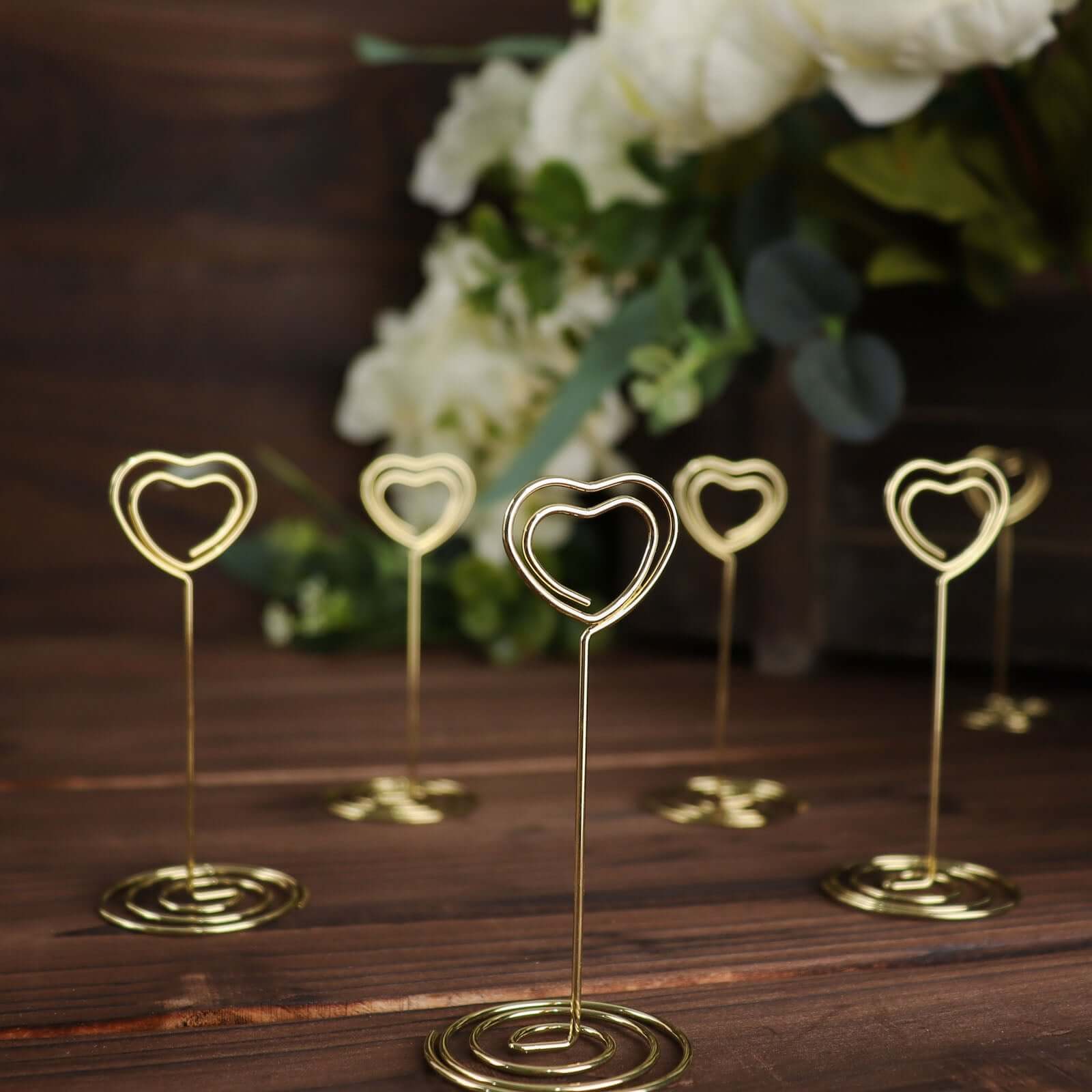 10-Pack Metal Card Holder Stands Heart Design Gold - Table Number Stands and Wedding Place Card Menu Clips 3.5