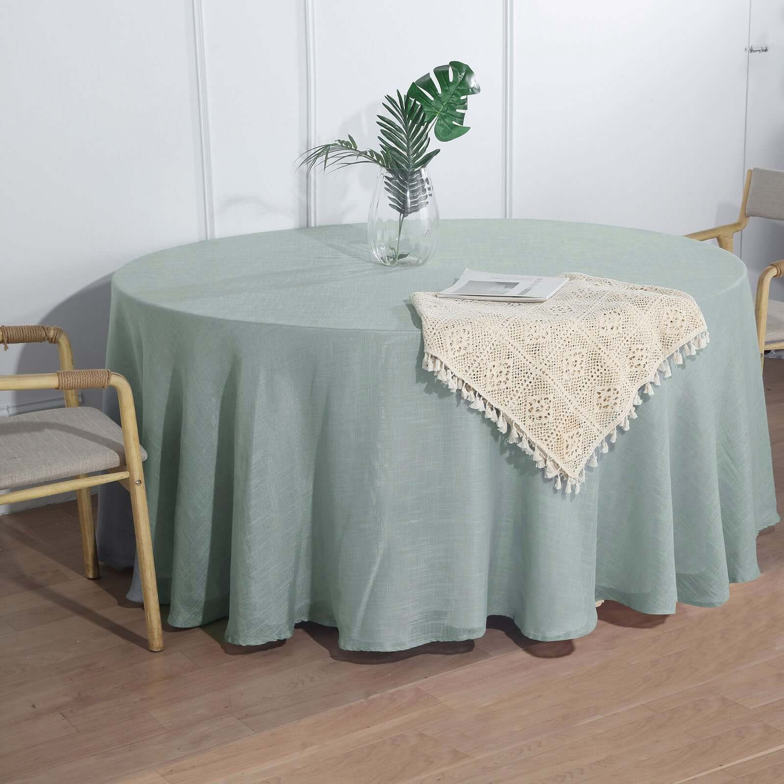 Faux Linen 120 Round Tablecloth Dusty Blue - Slubby Texture Wrinkle-Resistant Seamless Table Cover