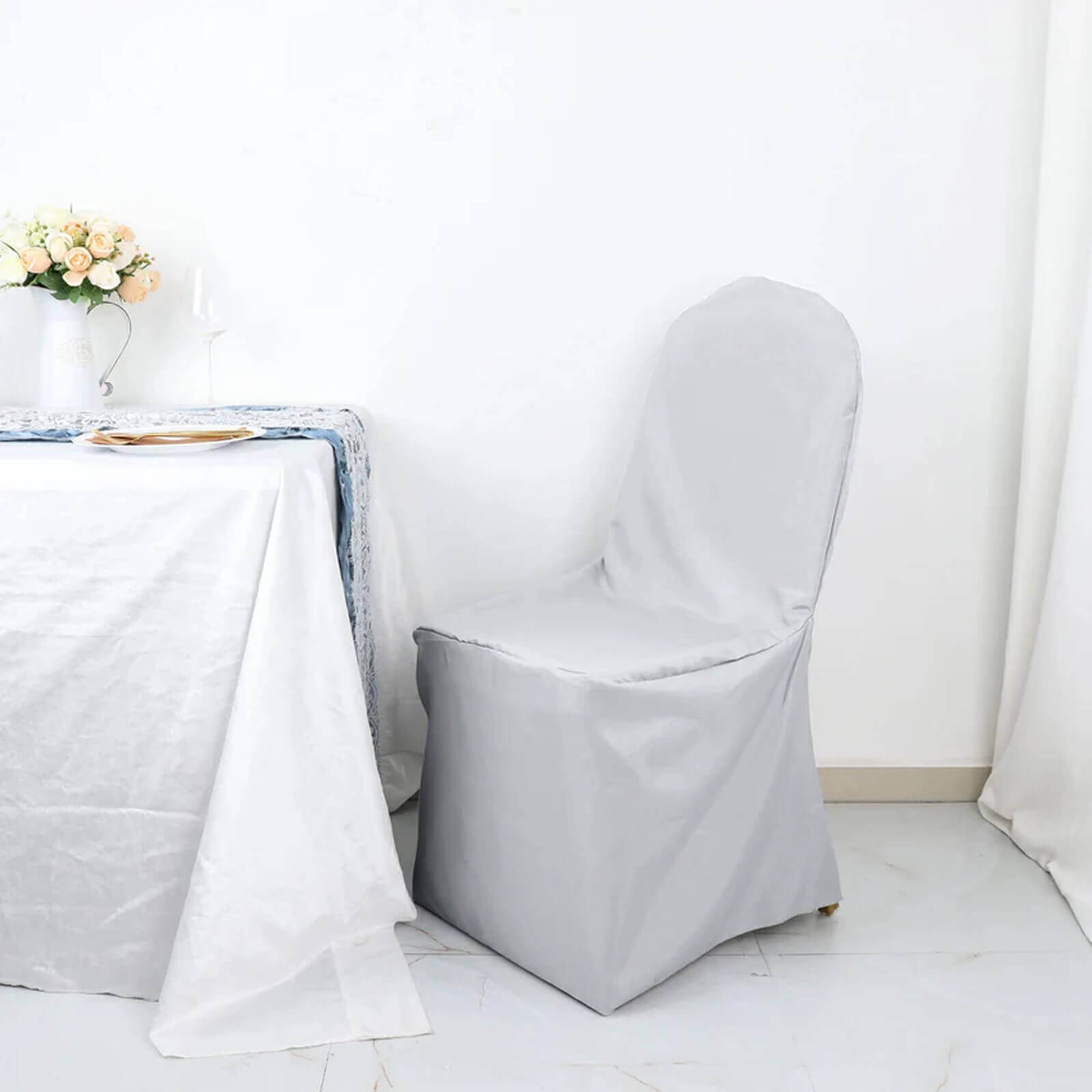 10 Pack Polyester Chair Cover for Banquet Chairs Silver - Stain-Resistant Reusable Slip-On Slipcover