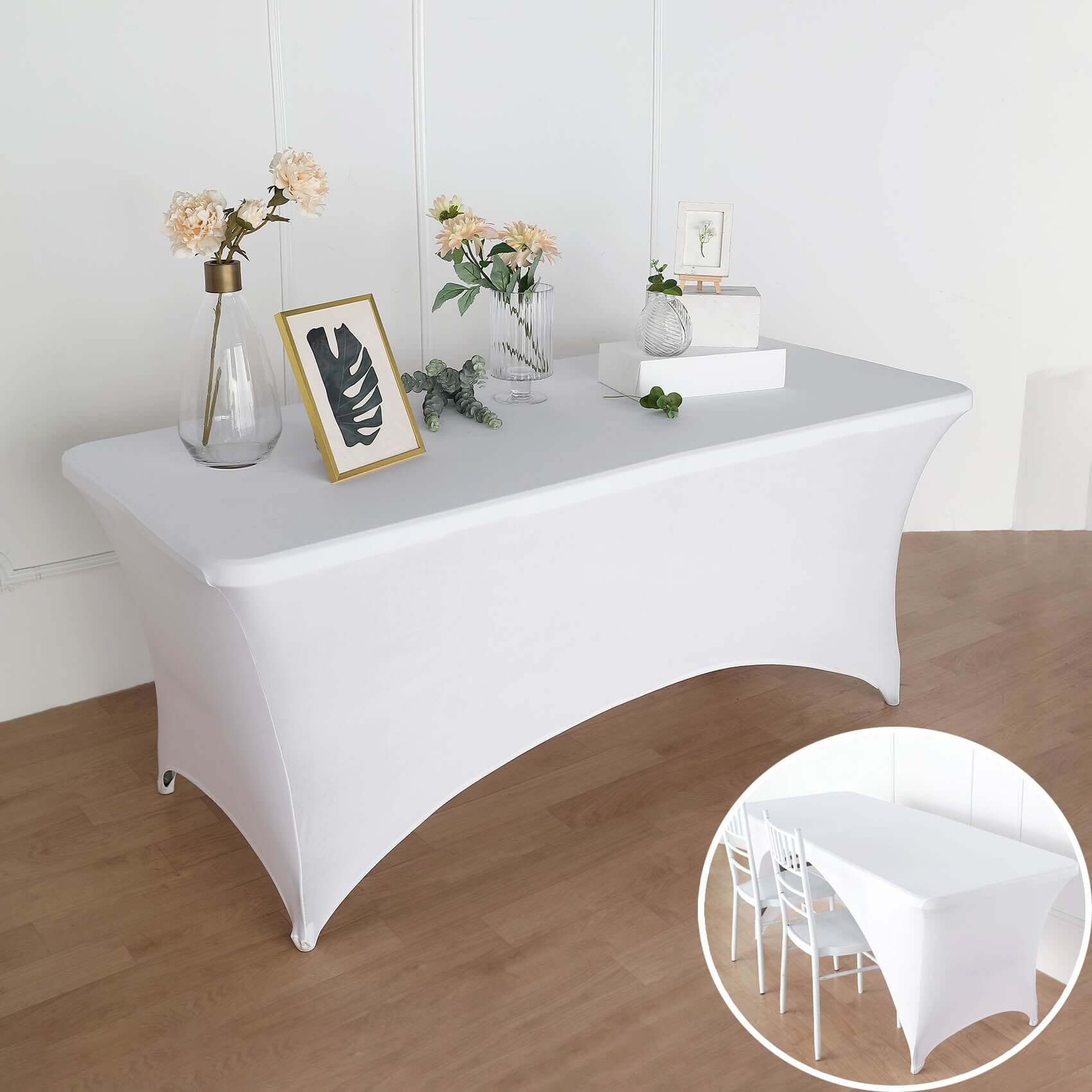 Stretch Spandex 72x30 Rectangular Table Cover White with Curved Open Back Design Tailored Professional Look for Tradeshows, Events & Exhibitions