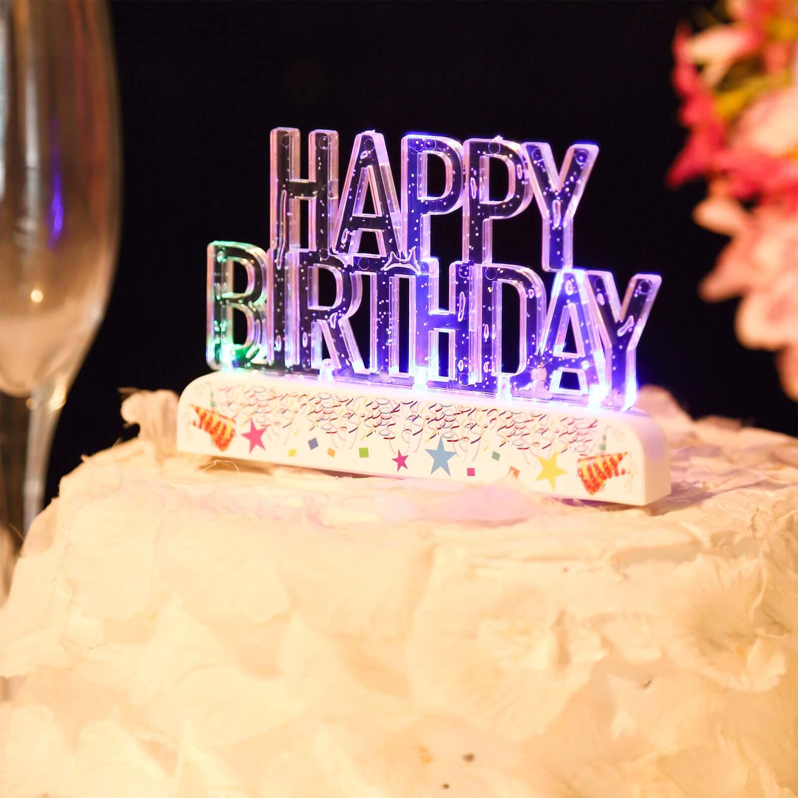 LED Cake Topper Multicolor Flashing Clear Acrylic - Perfect Happy Birthday Party Decor 5x3