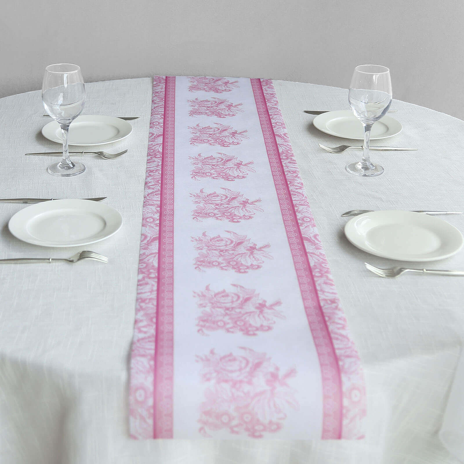 5 Pack Disposable Table Runners 11x108 White with Pink Floral Pattern - Non-woven Stylish Kitchen Dining Table Decor