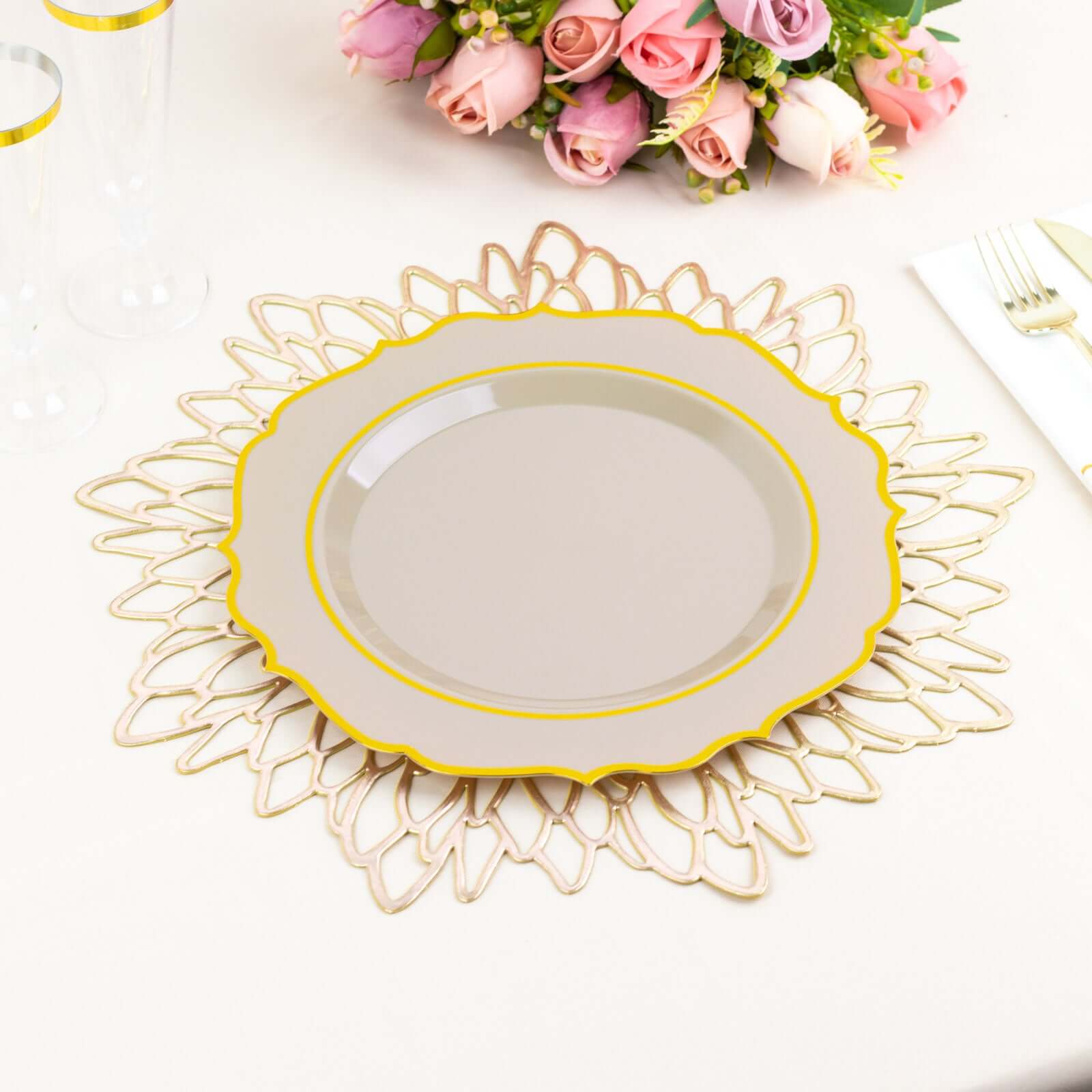 10-Pack Plastic 8 Round Desert Plates in Taupe with Gold Scalloped Rim - Disposable Appetizer/Salad Plates