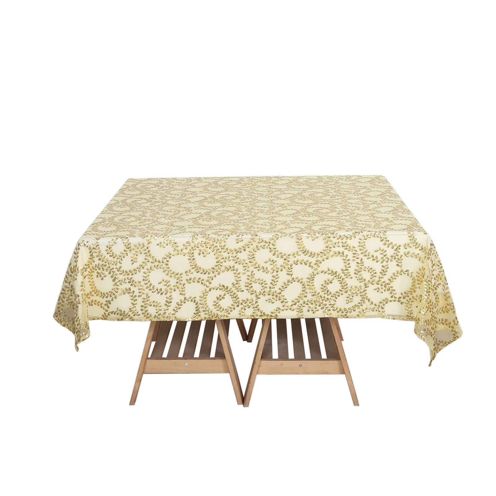 Tulle 72x72 Table Overlay Square Tablecloth Gold - Sequin Leaf Embroidered Design for Stylish Occasions