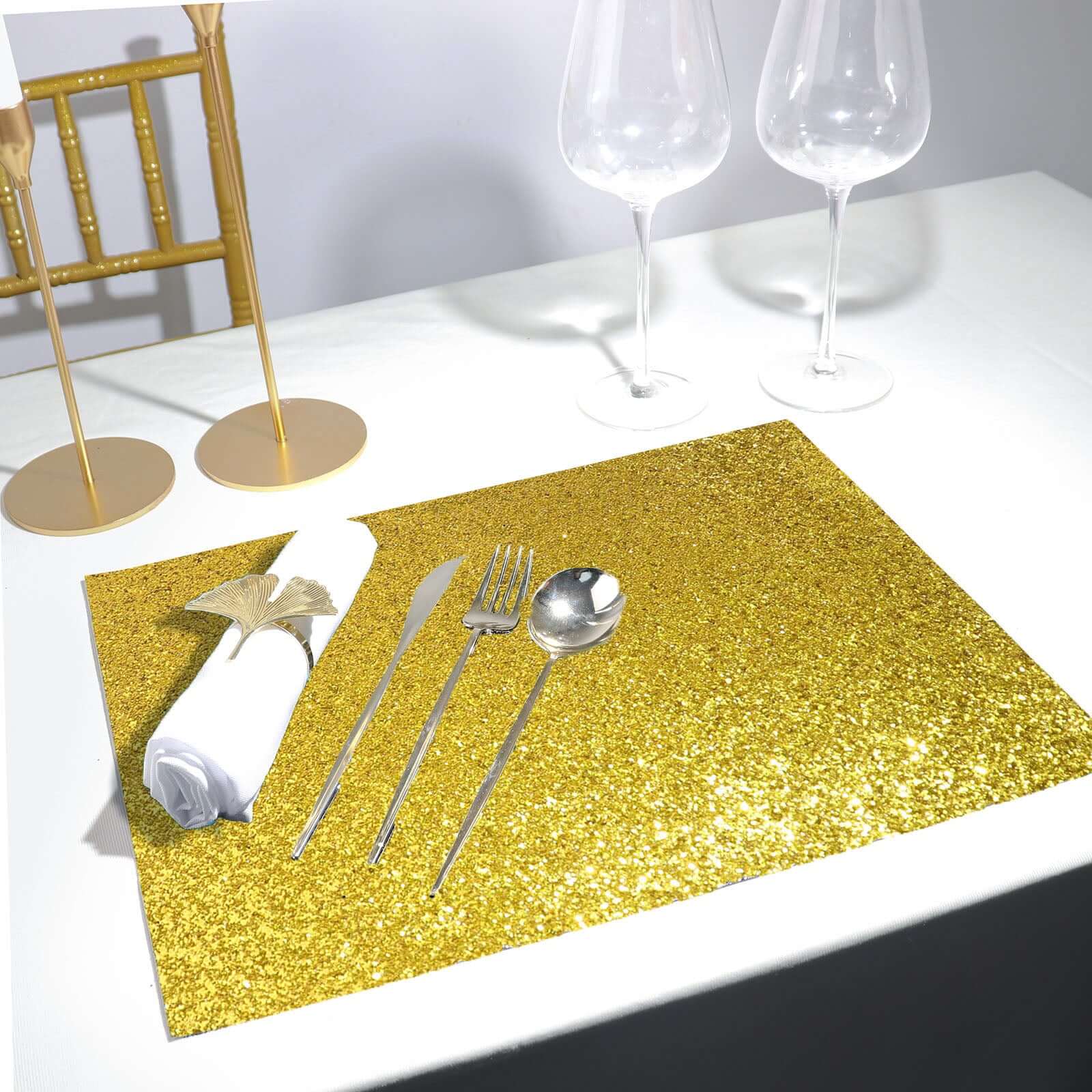 6-Pack Placemats Glitter Design Gold Sparkle Rectangle - Non-Slip Decorative Dining Table Mats 12x18