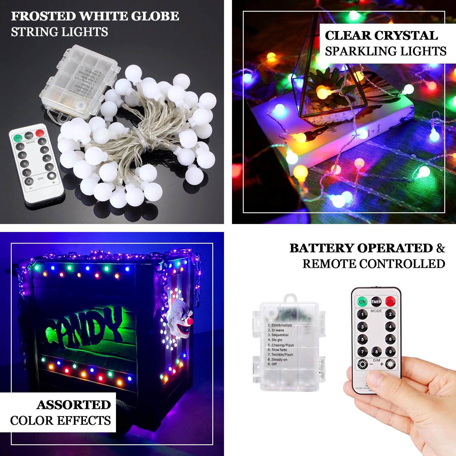 16ft Colorful Frosted 50 LED Bulb Battery Operated Fairy String Lights, Remote Included