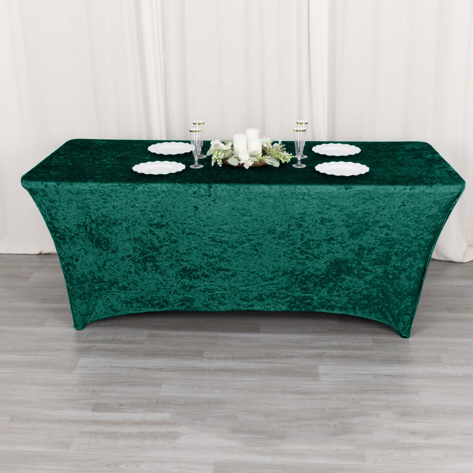 Crushed Velvet Fitted Rectangular 6ft Table Cover Hunter Emerald Green - Wrinkle-Free Stretchy Tablecloth