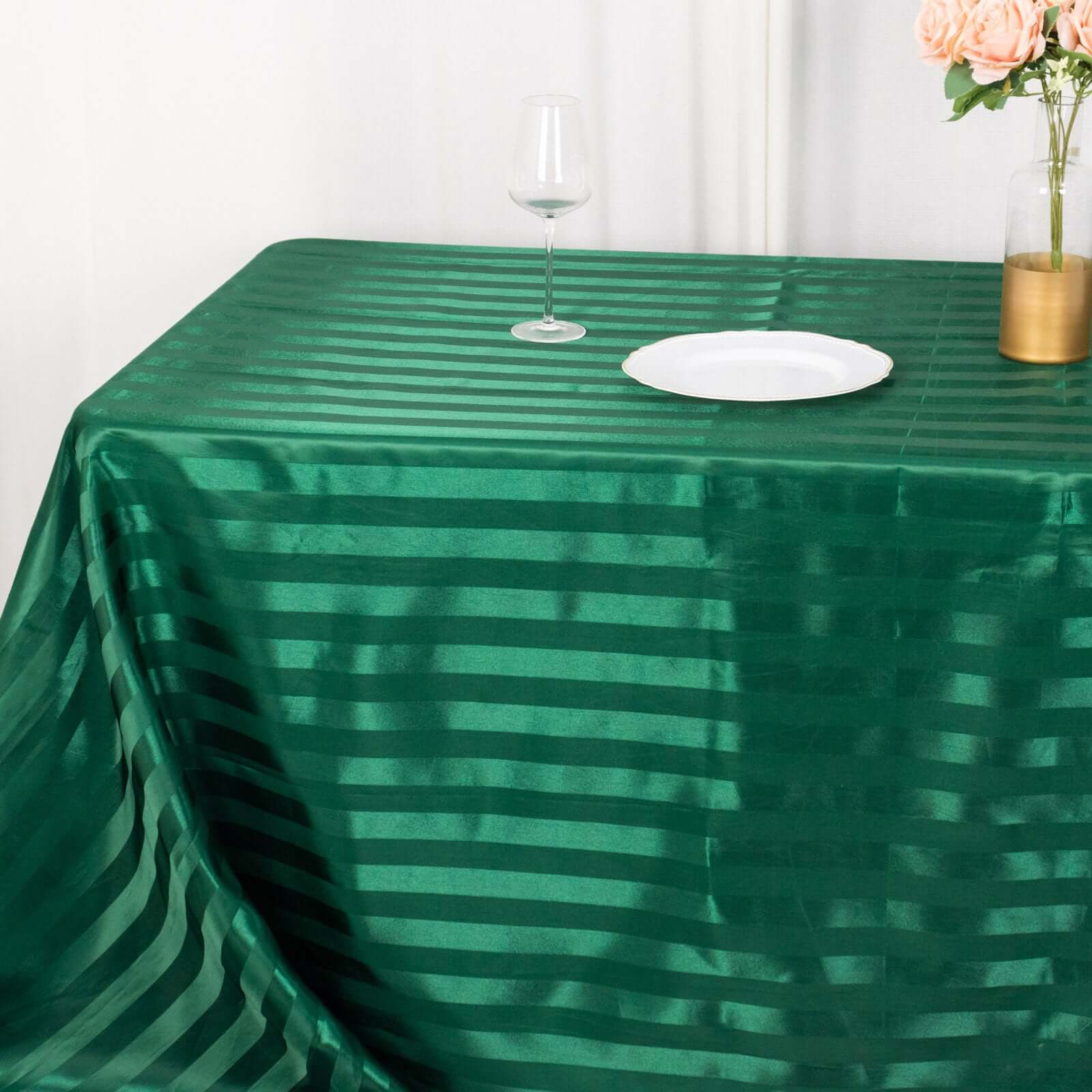 Satin Striped 90x132 Rectangular Tablecloth Hunter Emerald Green Satin Stripe - Seamless Silky Smooth Table Cover