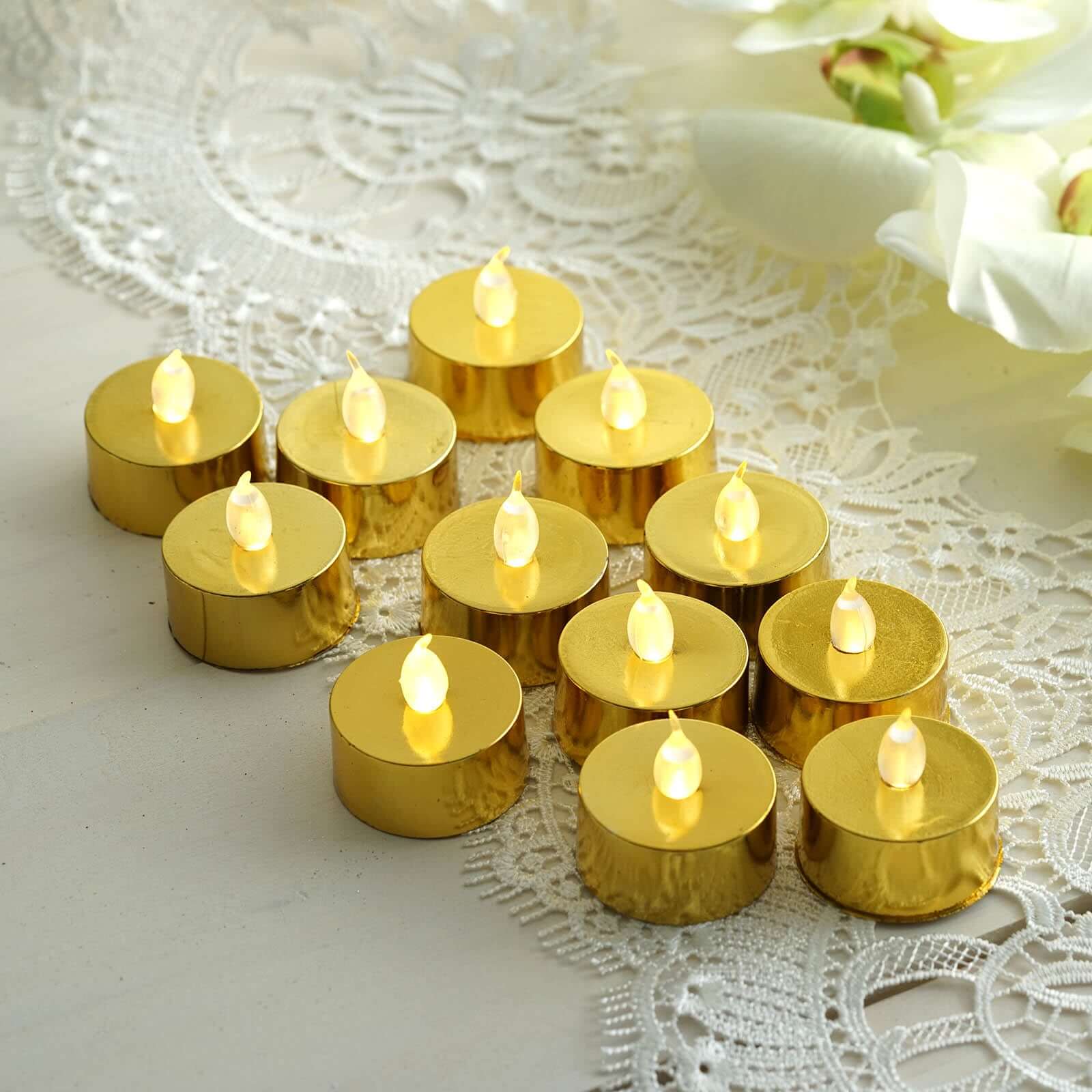 12-Pack LED Tealight Candles Metallic Gold Design - Reusable Flameless Battery Operated Lights