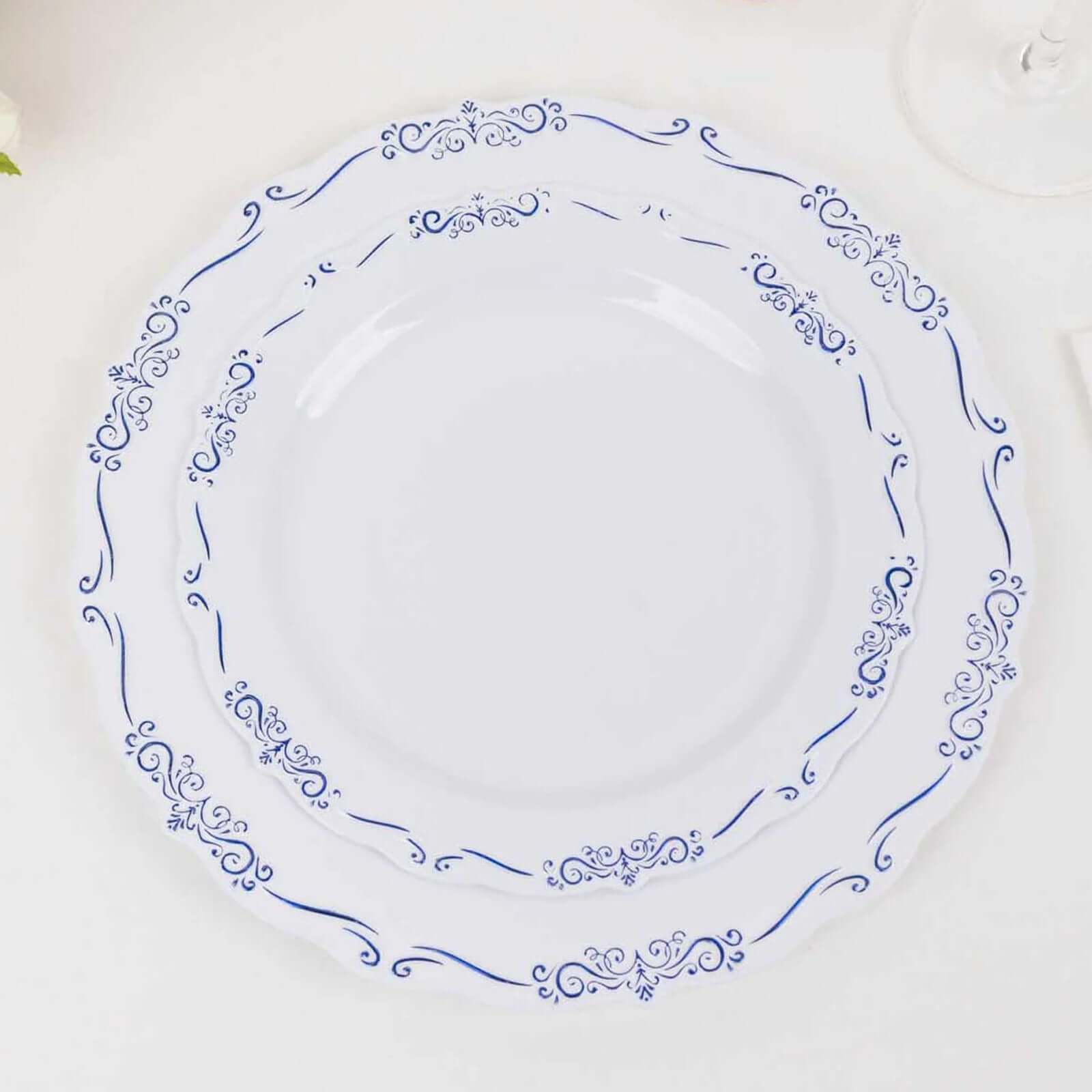 10-Pack Plastic 7 Round Dessert Plates in White with Blue Vintage Embossed Rim - Sturdy Disposable Scalloped Edge Salad Plates