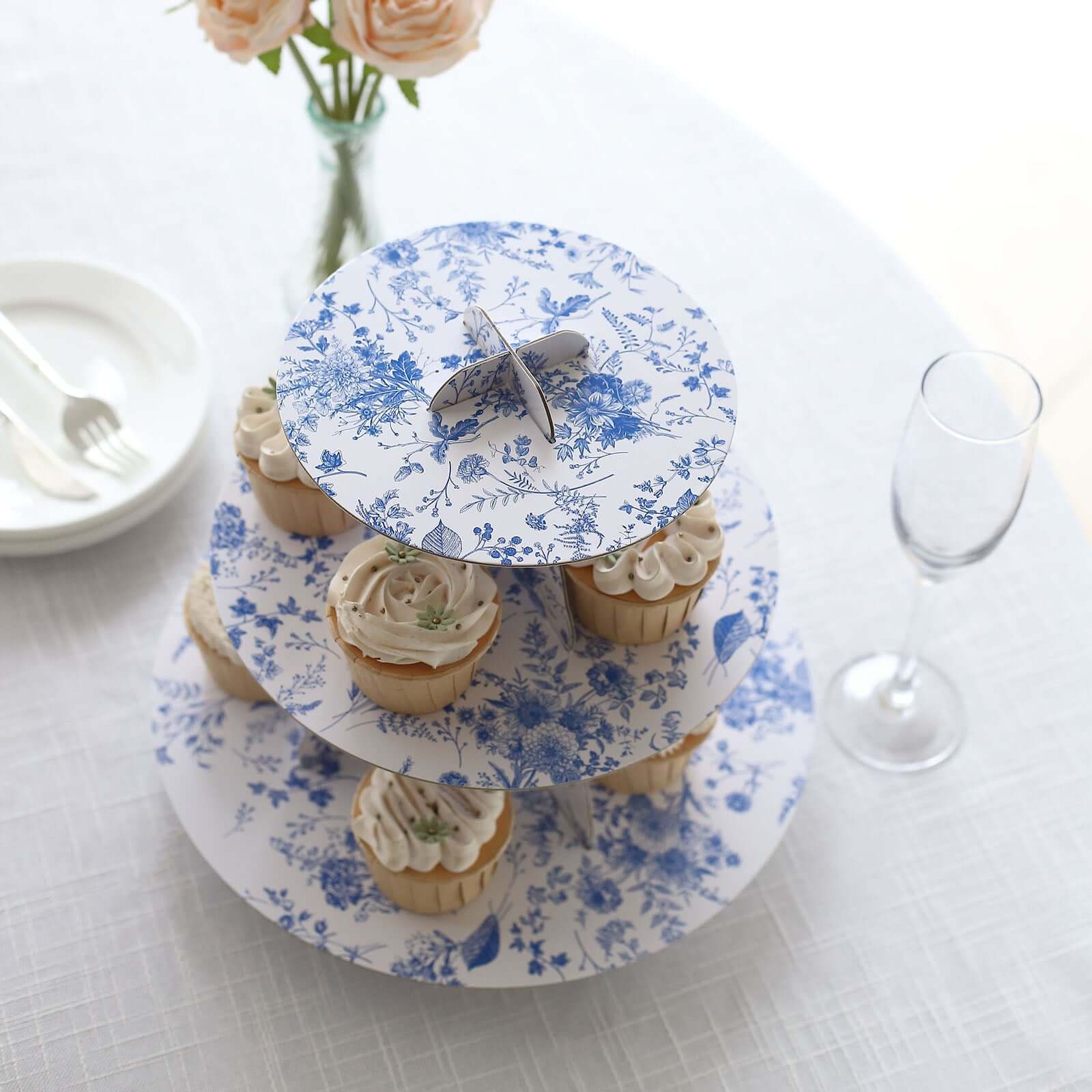 3-Tier Cardboard Cupcake Stand White with Blue French Toile Pattern - Reusable Dessert Display Stand Round Serving Platter for High-Tea Gatherings Weddings & Spring Celebrations 11