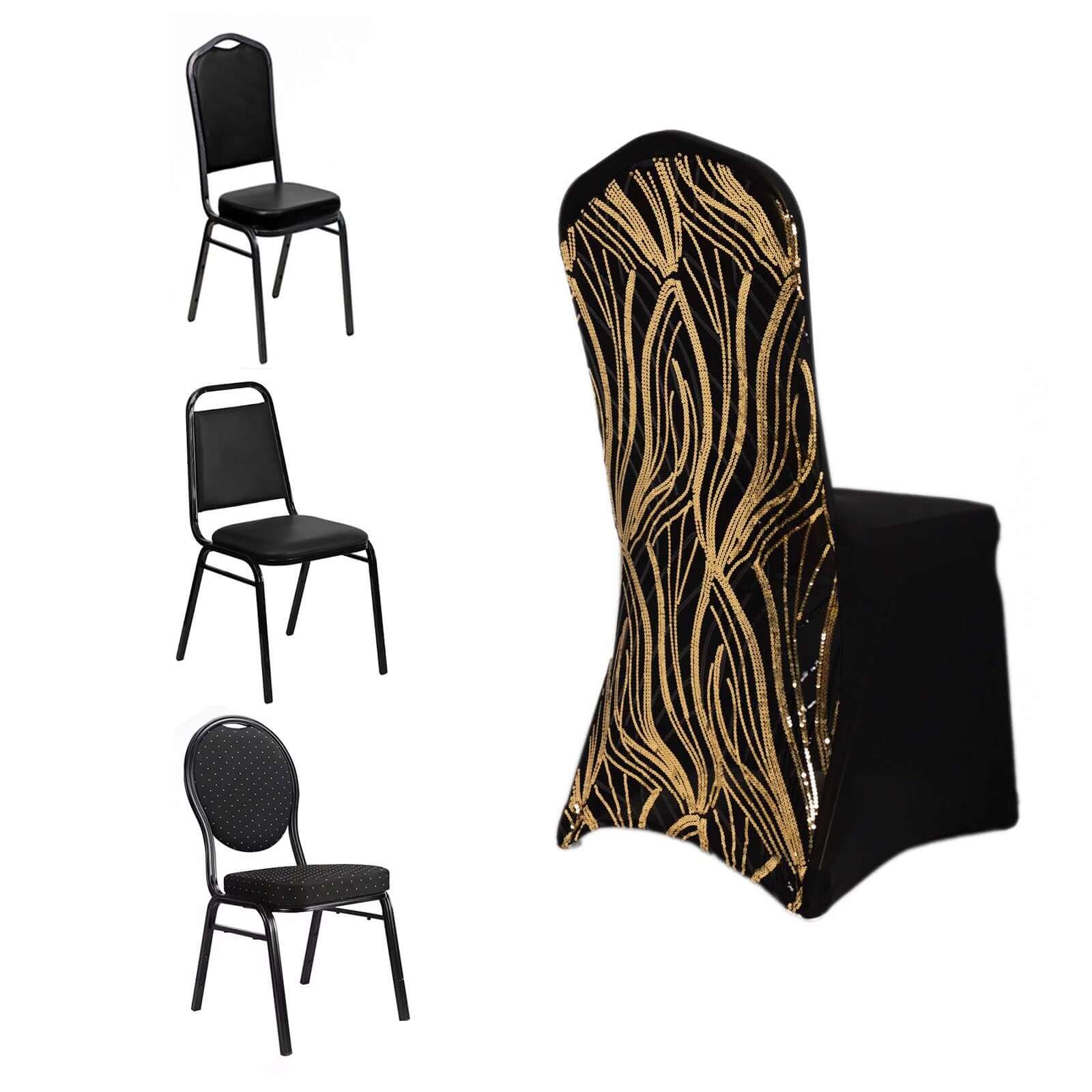 Spandex Chair Cover with Wave Embroidered Sequins for Banquet Chairs Black/Gold - Glittering Stretch Fitted Slipcover