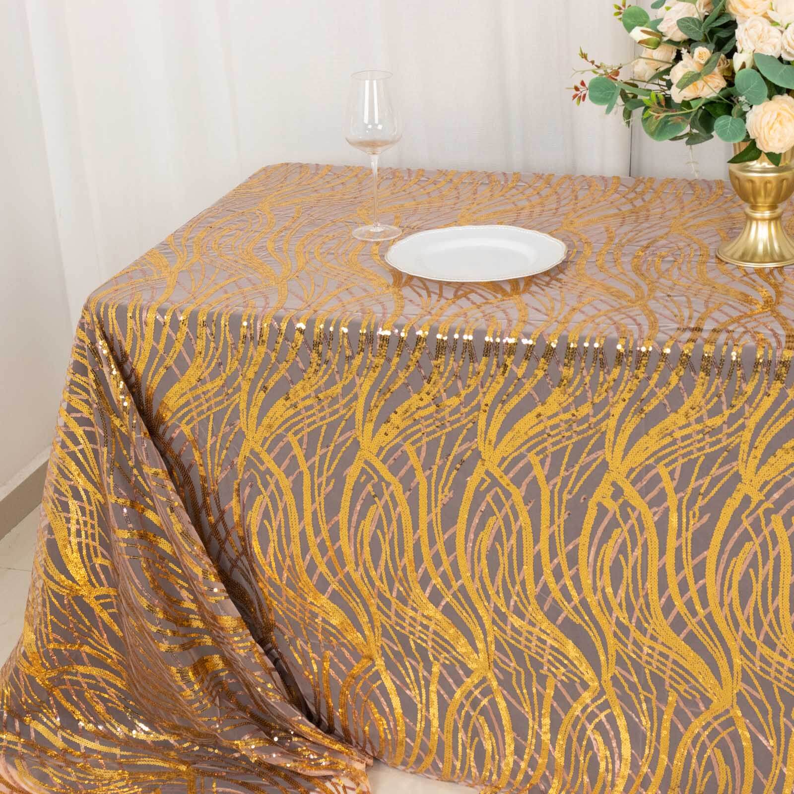 Mesh 90x156 Rectangle Tablecloth Rose Gold/Gold - Wave Sequin Embroidered Table Cover