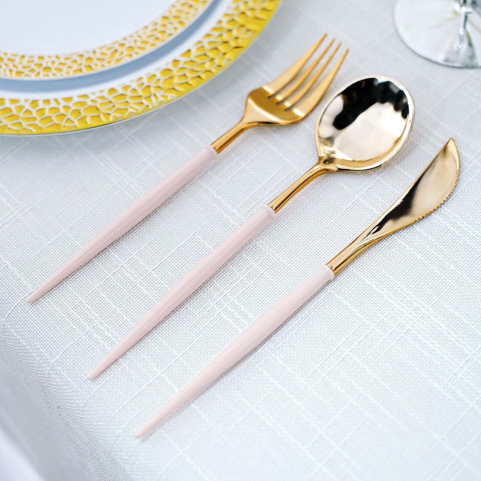 24-Pack Plastic Flatware Set in Metallic Gold with Blush Handle - Heavy Duty Disposable Modern Silverware 8