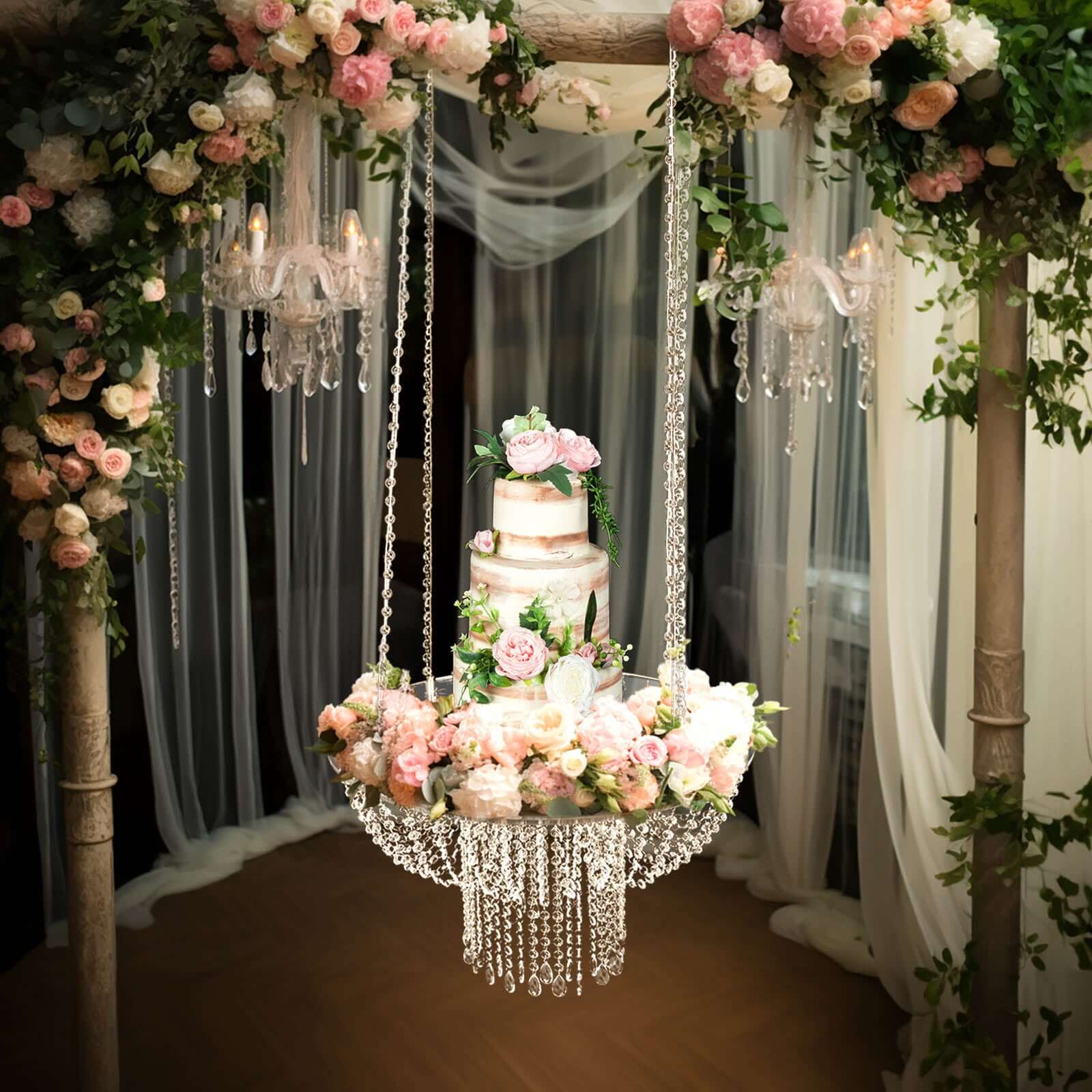 Acrylic Hanging Chandelier Cake Stand with Crystal Drapes - Suspended Round Wedding Cake Swing with 5ft Steel Wire Chains 25