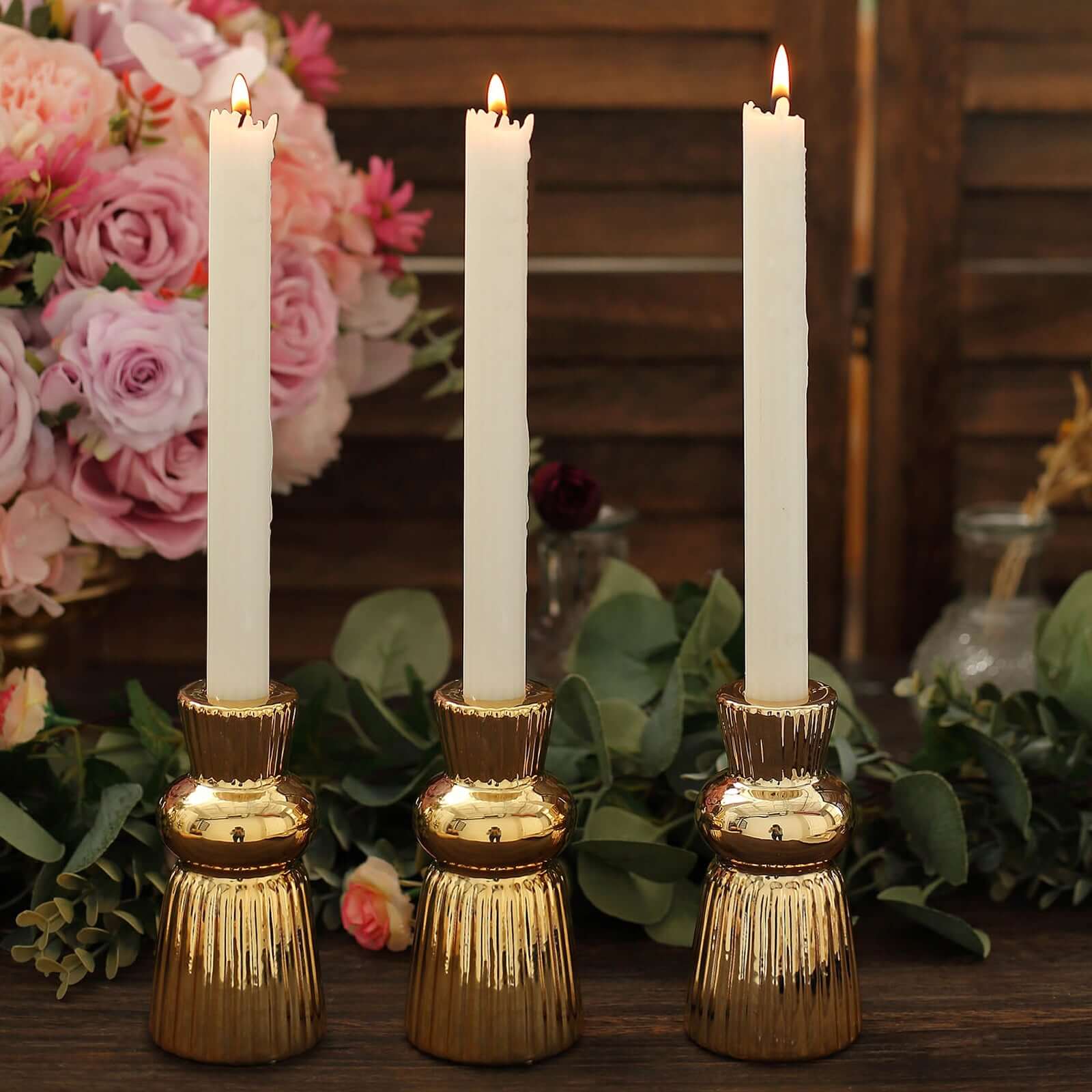 3-Pack Ceramic Taper Candle Holders Fluted Ball Neck Design Metallic Gold - Ribbed Candlestick Stands 5