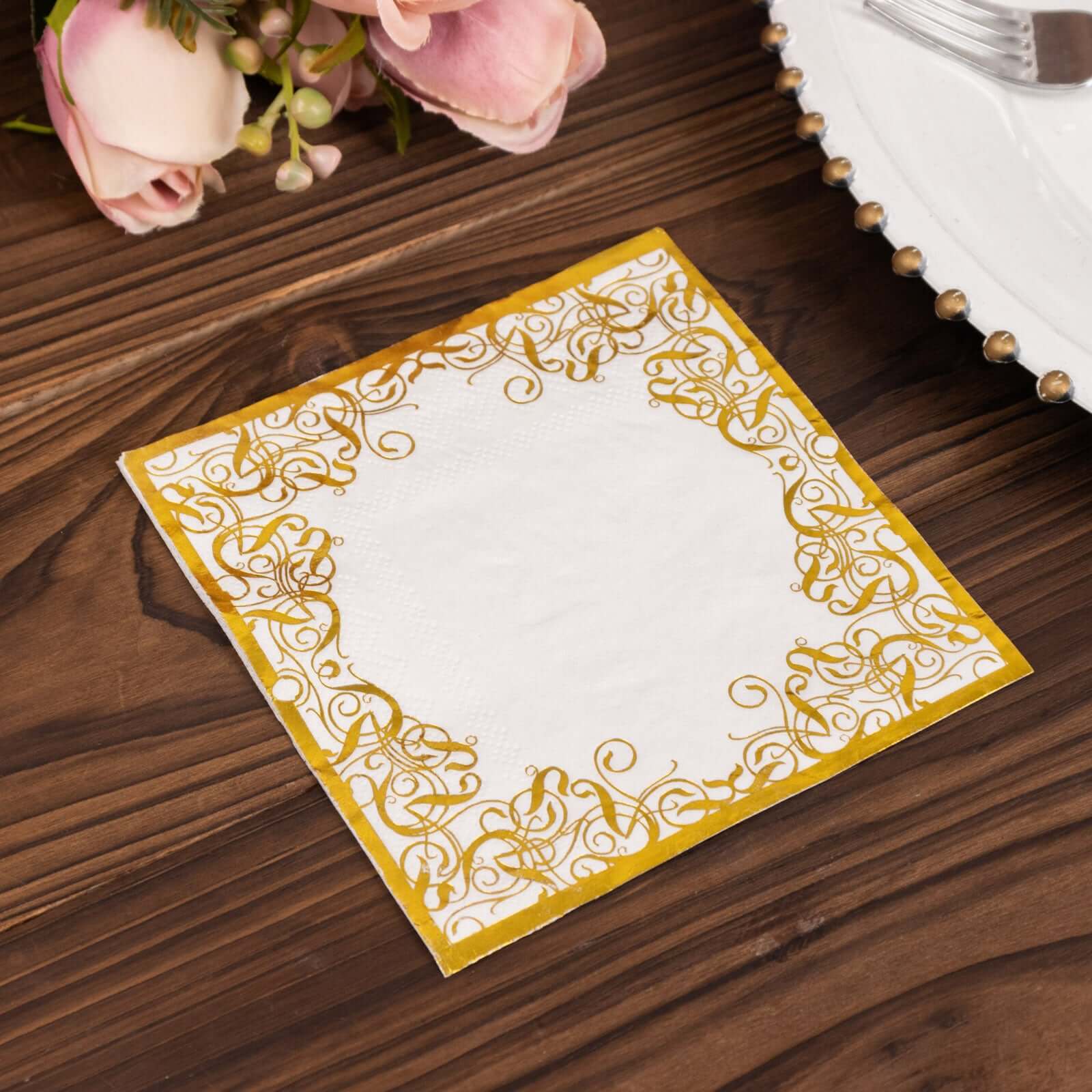 20-Pack Paper Beverage Napkins with Gold Foil Lace Design White - 3 Ply Disposable 18GSM European Style Cocktail Napkins 5x5