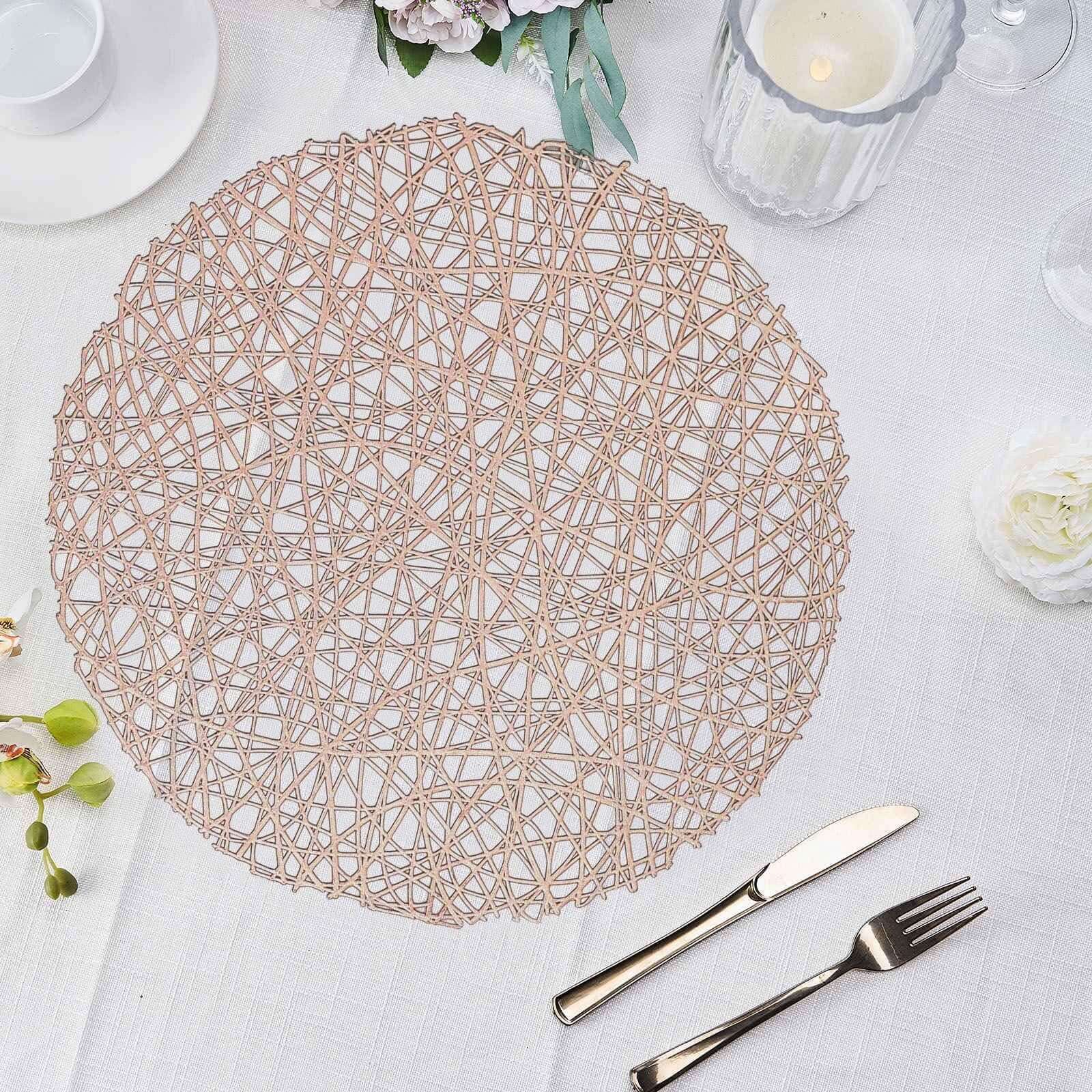 6-Pack Vinyl Placemats Rose Gold Woven Design - Durable Non-Slip Round Table Mats for Dining 15