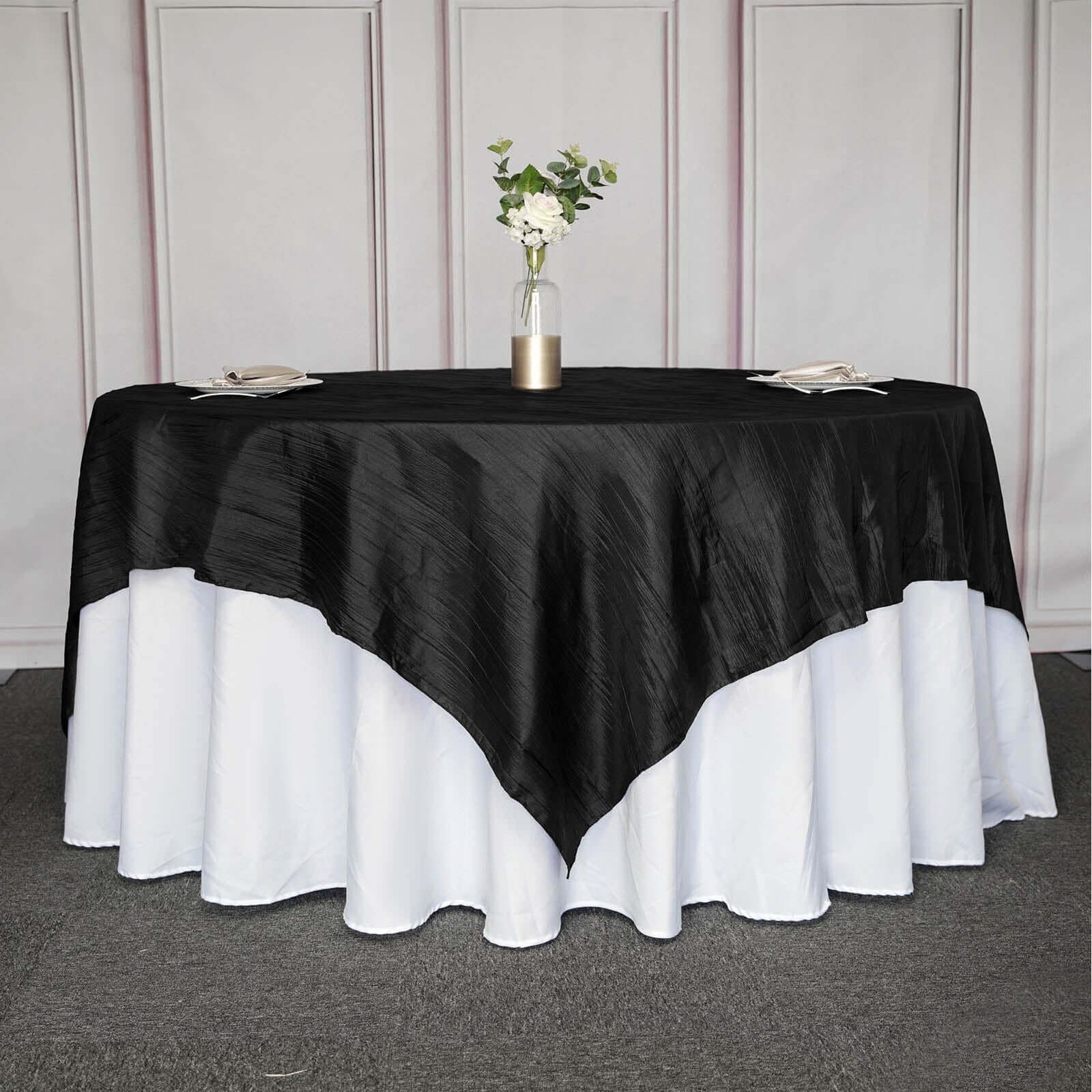 Taffeta 90x90 Table Overlay Square Tablecloth Black - Accordion Crinkle Table Cover