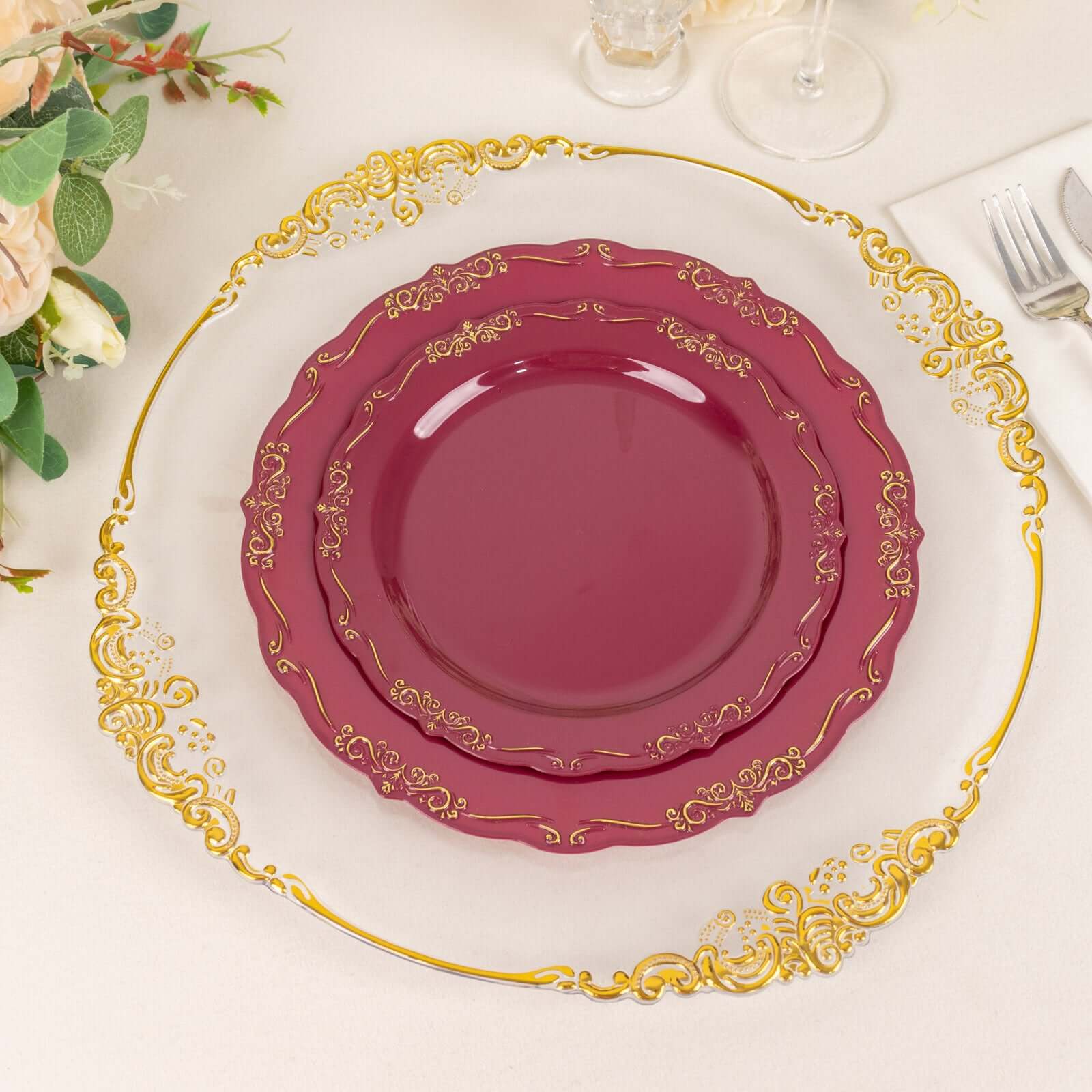 10-Pack Plastic 7 Round Dessert Plates in Burgundy with Gold Vintage Embossed Rim - Sturdy Disposable Scalloped Edge Salad Plates