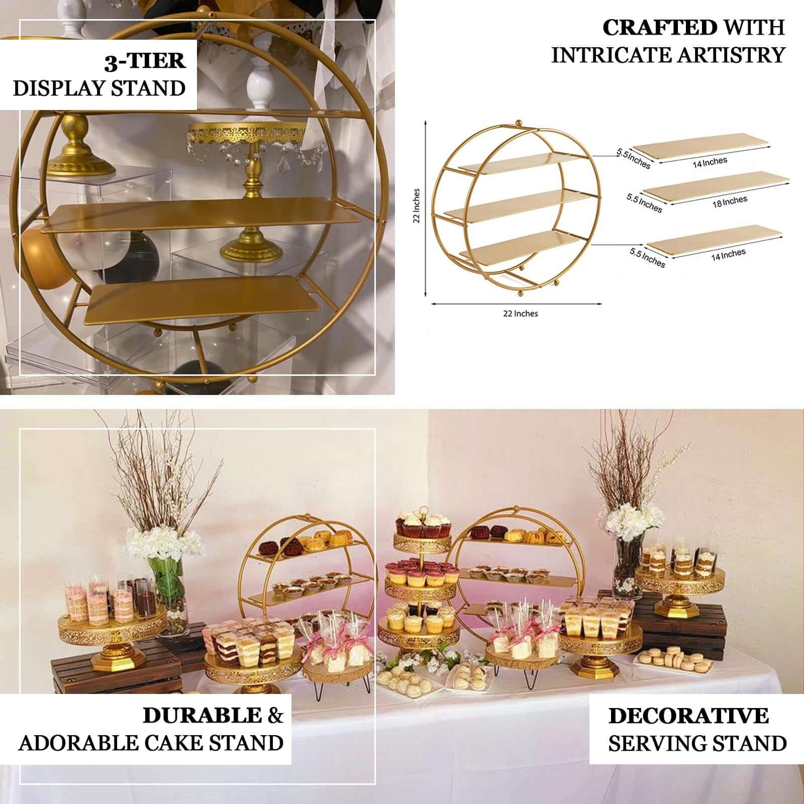 3-Tier Metal Round Cupcake Stand Matte Gold - Stylish Dessert Holder Appetizer Display for Modern Weddings Dessert Buffets & Celebrations 21