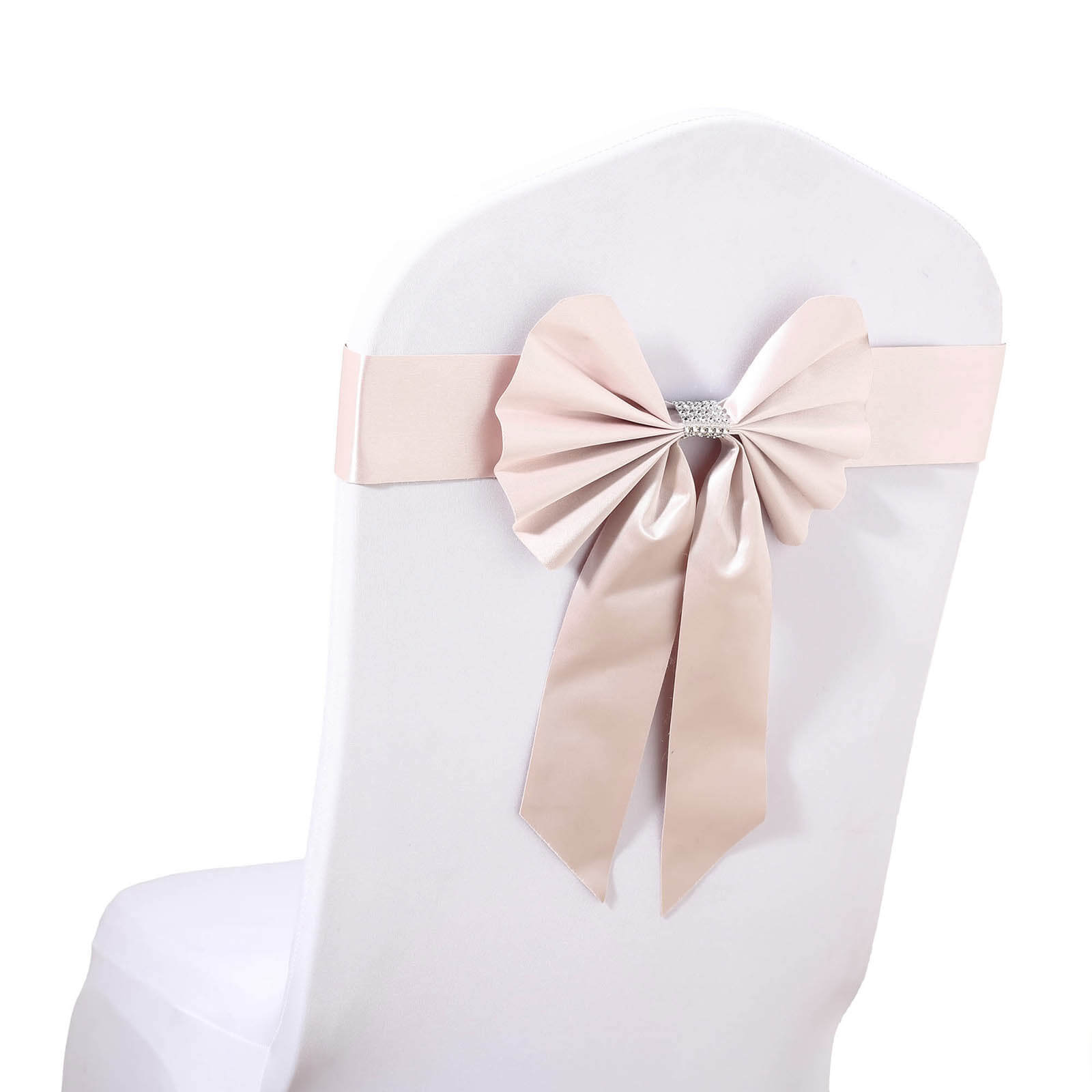 5 Pack Satin Faux Leather Chair Sashes Blush - Durable Double Sided Pre-tied Bow Tie Chair Bands with Diamond Rhinestone Buckles