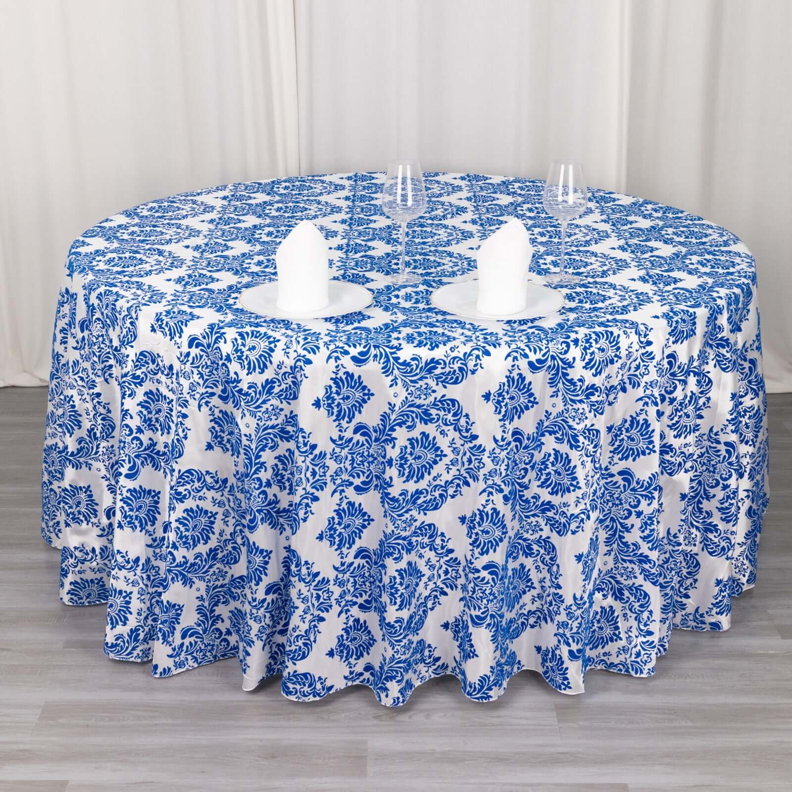 Taffeta 120 Round Tablecloth Royal Blue - Seamless Velvet Flocking Damask Table Cover