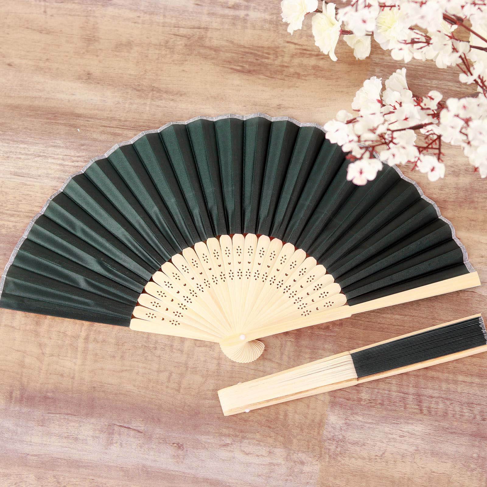 5 Pack Hunter Emerald Green Asian Silk Folding Fans Party Favors, Oriental Folding Fan Favors