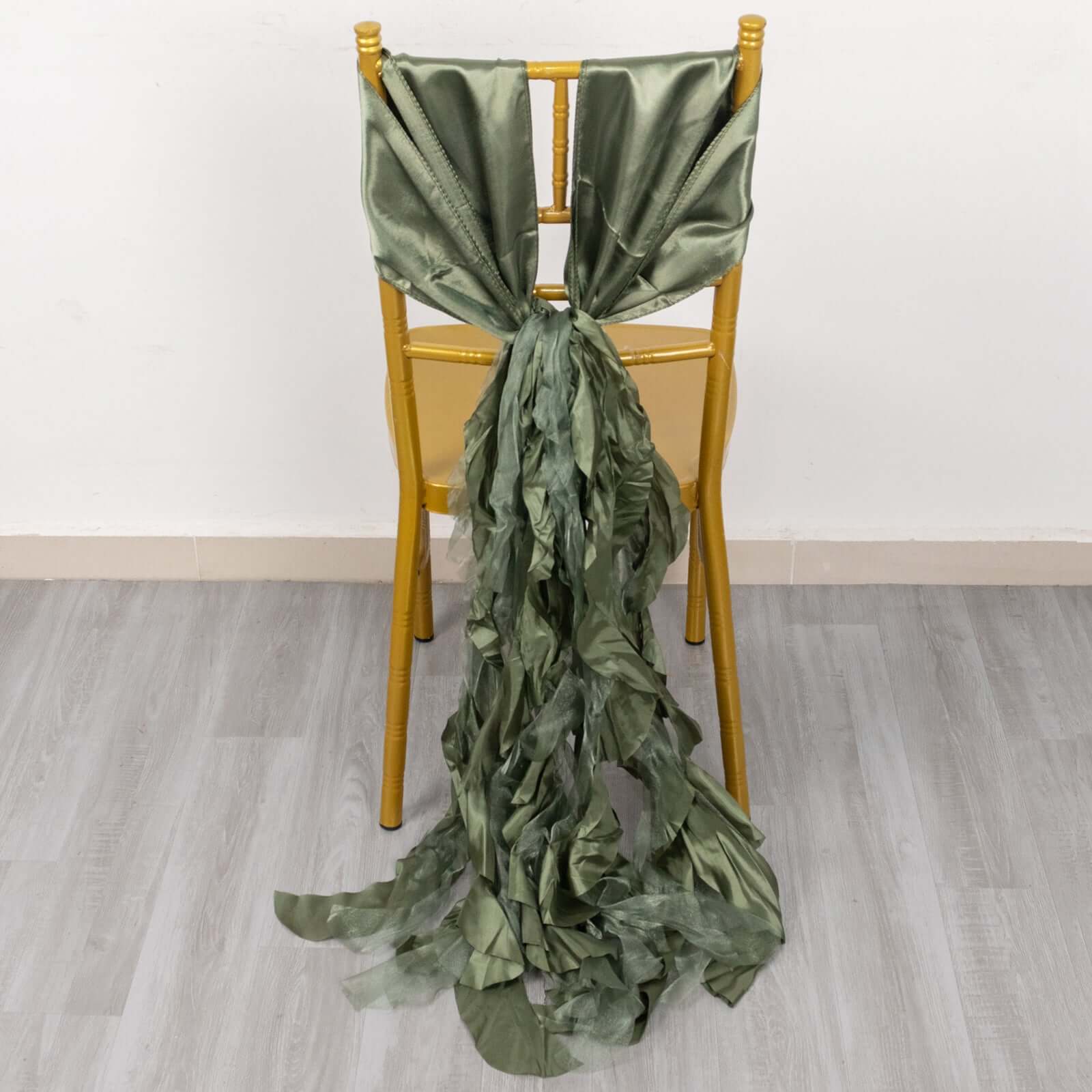 5 Pack Chiffon Satin Chair Sashes Dusty Sage Green - Easy to Install Ruffled Curly Willow