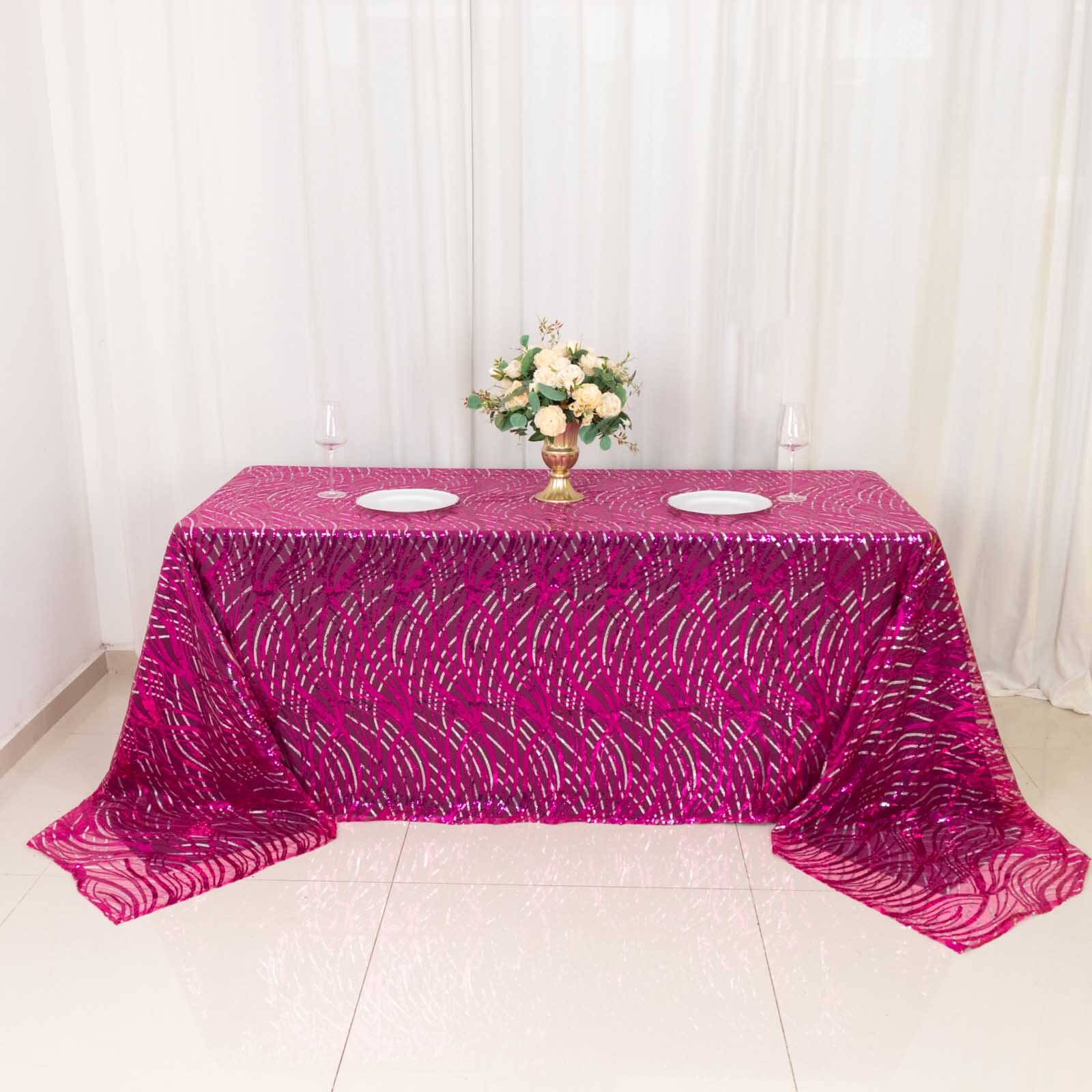 Mesh 90x156 Rectangle Tablecloth Fuchsia/Silver - Wave Sequin Embroidered Table Cover