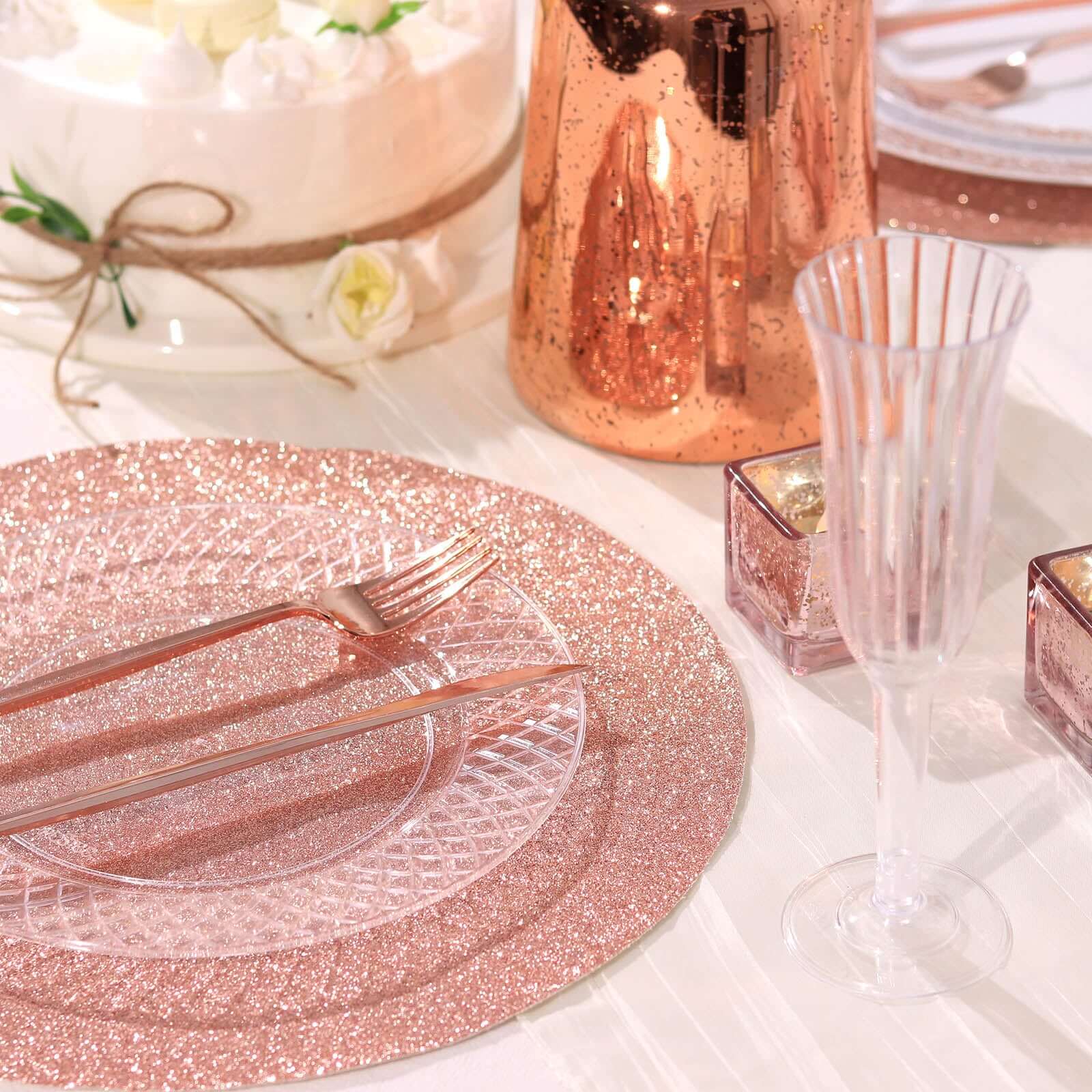 6-Pack Placemats Glitter Design Rose Gold Sparkle Round - Non-Slip Decorative Dining Table Mats 13