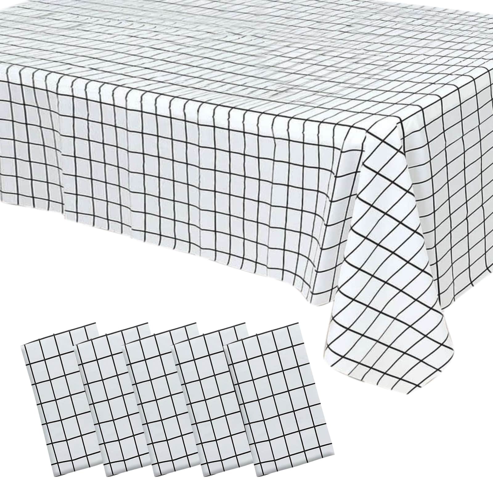 5-Pack Plastic Table Covers Black/White Grid Rectangle - Durable Checkered PVC Disposable Tablecloths 54x108