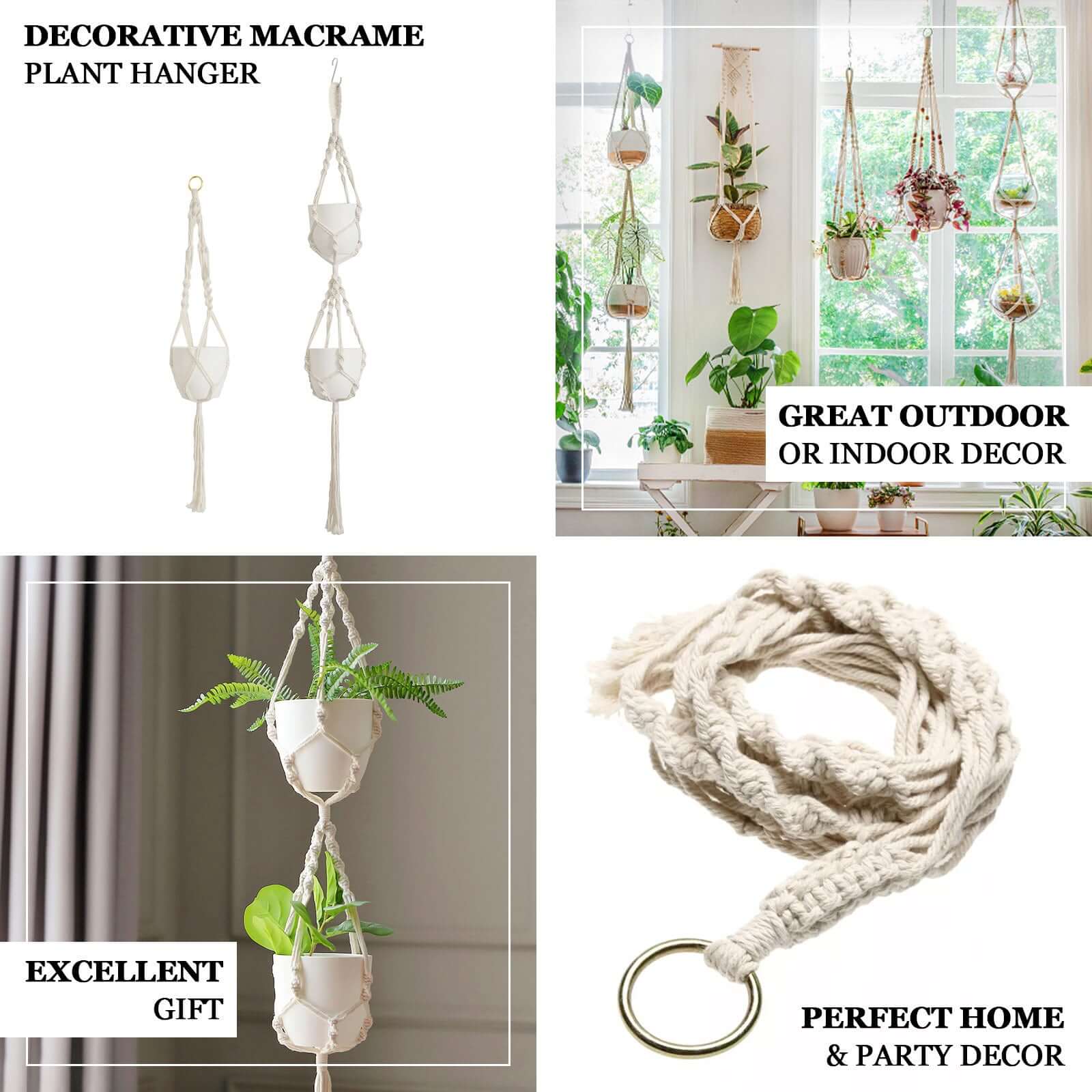 2-Pack Hanging Planter Baskets with Tassels Ivory Boho Design - Cotton Rope Indoor Decorative Flower Holders