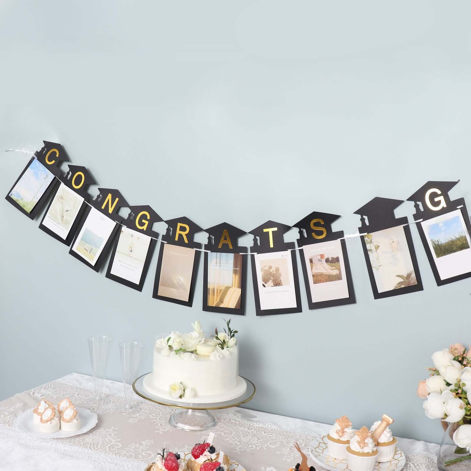 Black and Gold Congrats Grad Paper Photo Backdrop Hanging Garland Banner - 5.5ft