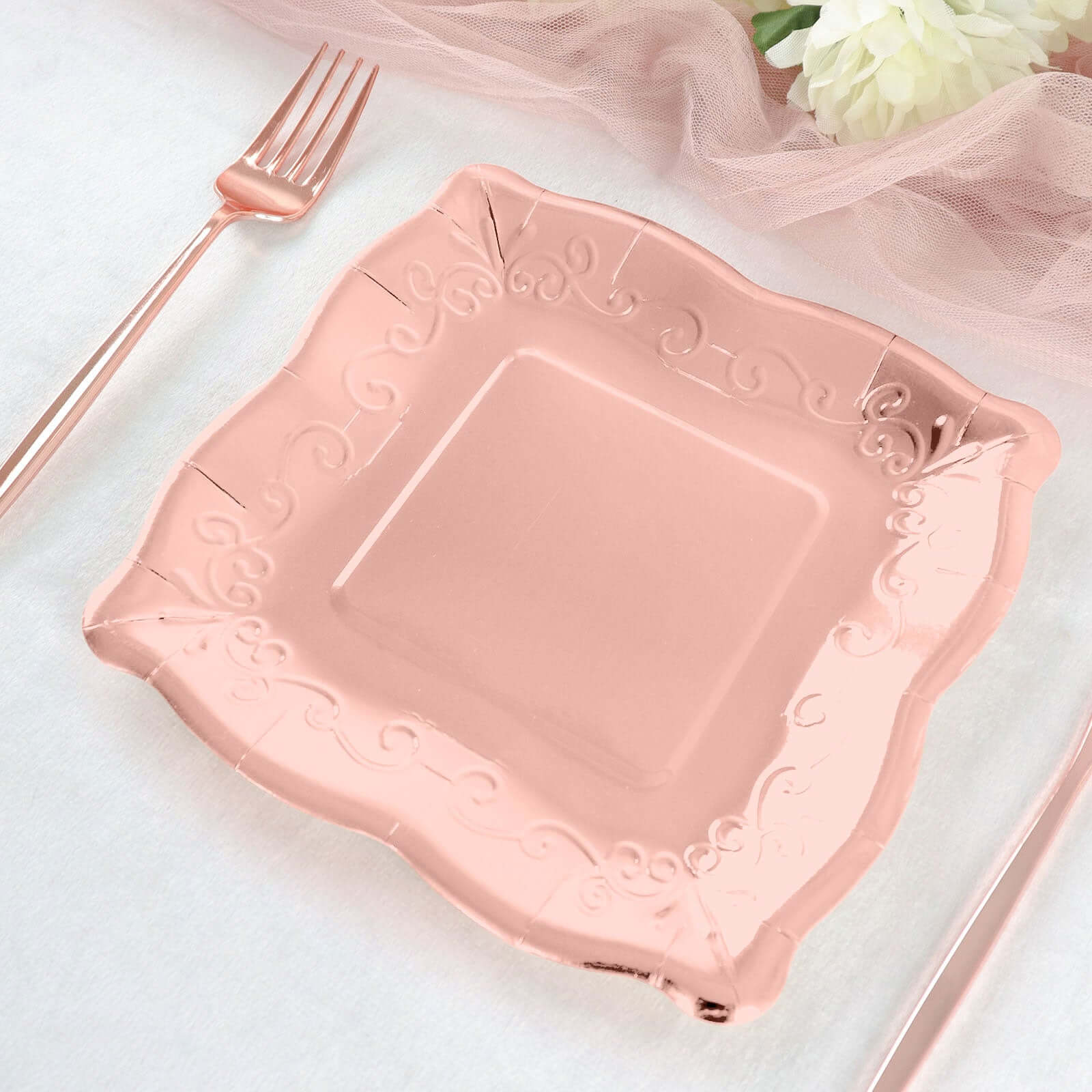 25-Pack Paper 7 Square Dessert Plates in Rose Gold with Vintage Pottery Embossed Design - Shiny Metallic Disposable Appetizer Plates