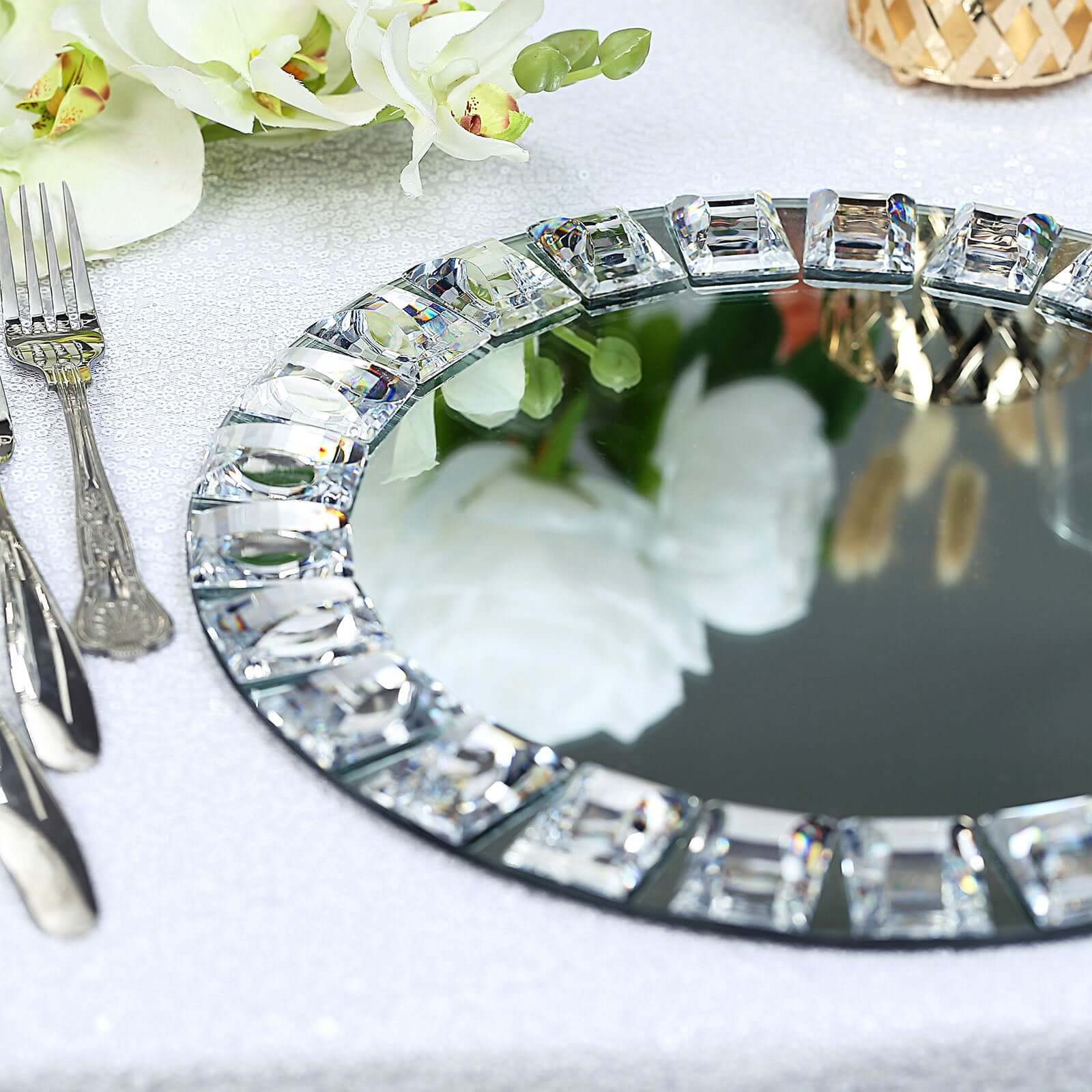 2-Pack Glass Mirror Round Charger Plates 13 in Silver with Jeweled Rim - Premium Decorative Dinner Party Charger Tableware